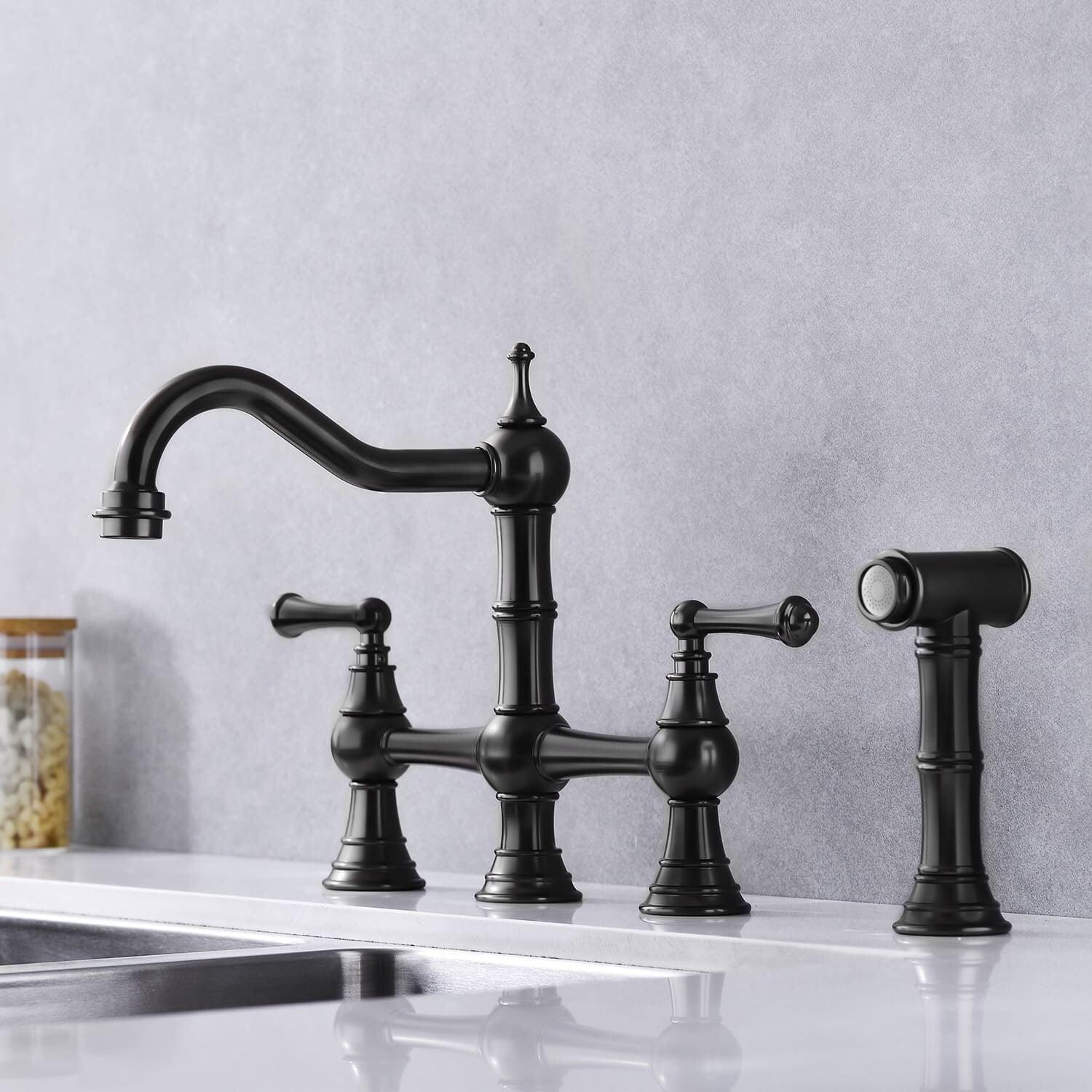 AWZTOO Bridge Kitchen Faucet With Side Sprayer, 4 Hole Kitchen Sink Faucet 2 Handle Centerset Traditional Taps WIth Pull Out Sparyer Matte Black Matte