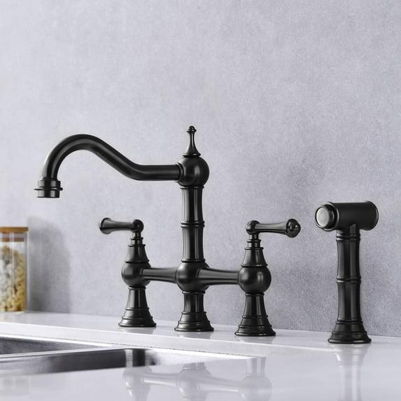 AWZTOO Bridge Kitchen Faucet With Side Sprayer, 4 Hole Kitchen Sink Faucet 2 Handle Centerset Traditional Taps WIth Pull Out Sparyer Matte Black Matte
