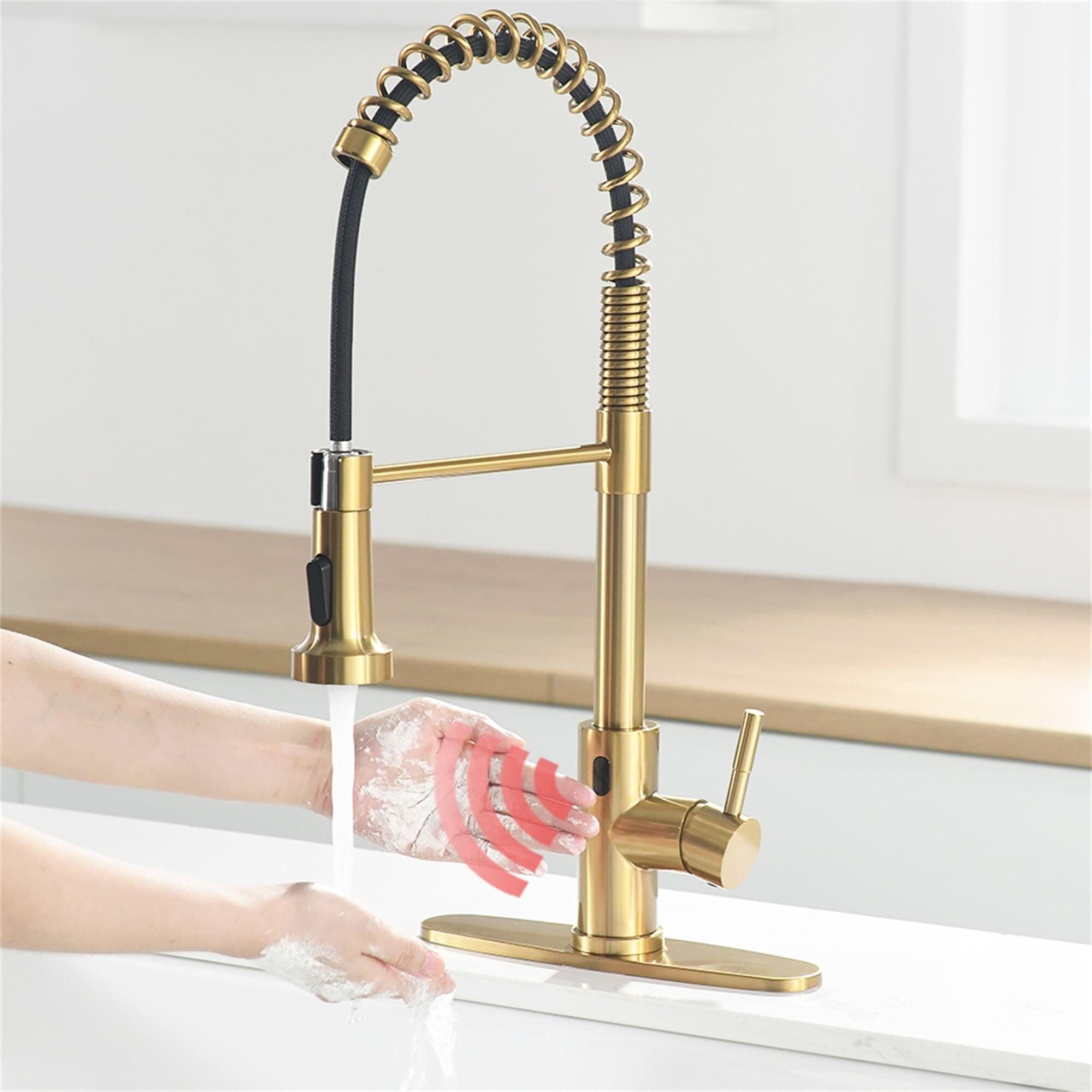 AWZTOO Commercial Touchless Kitchen Sink Faucet With Pull Down Sprayer Modern Single Handle Spring Sensor Basin Taps Brushed Gold