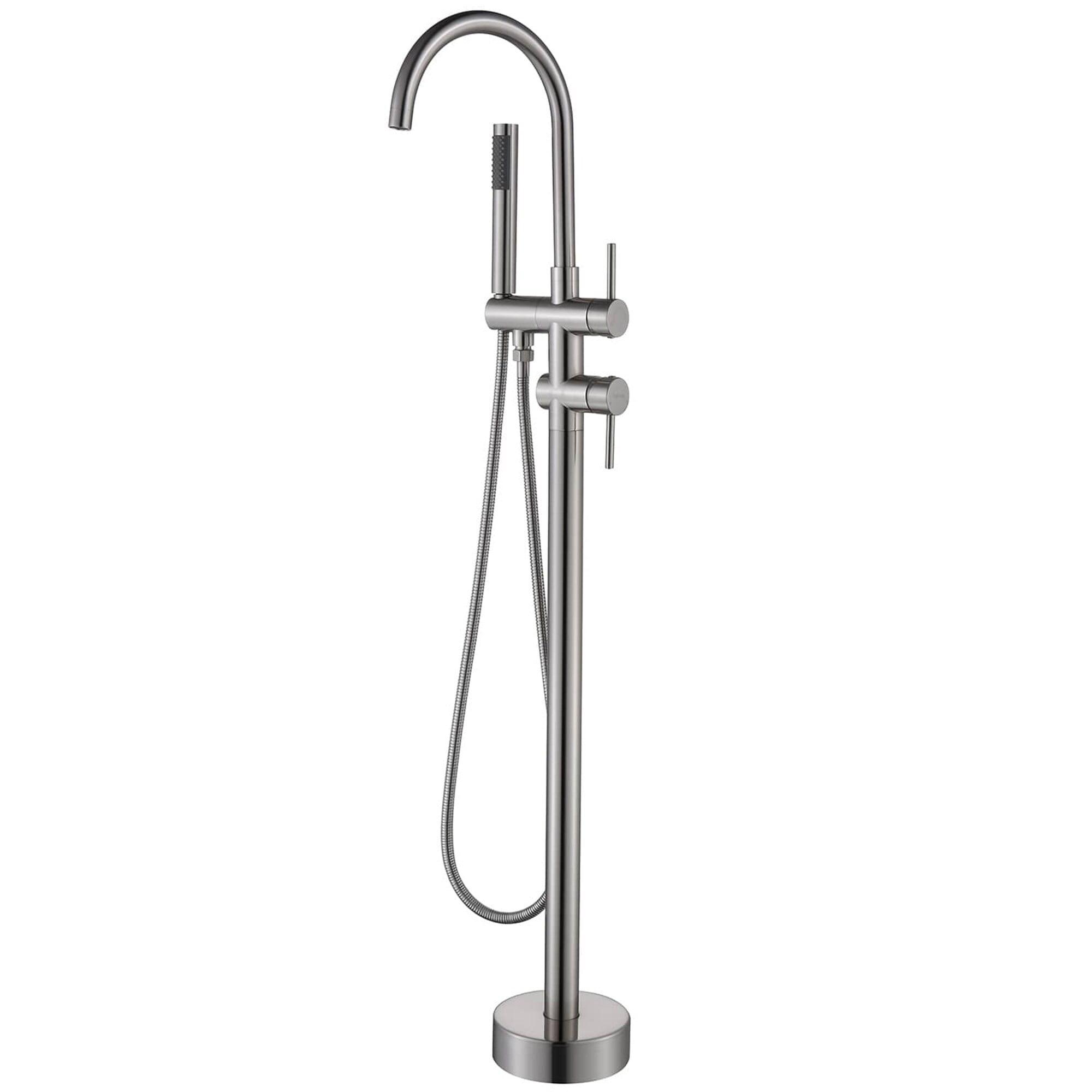 AWZTOO Floor Mount Tub Faucet With Hand Shower Double Handle Bathtub Faucets Freestanding Bathroom Tub Filler With Handheld Shower Brushed Nickel