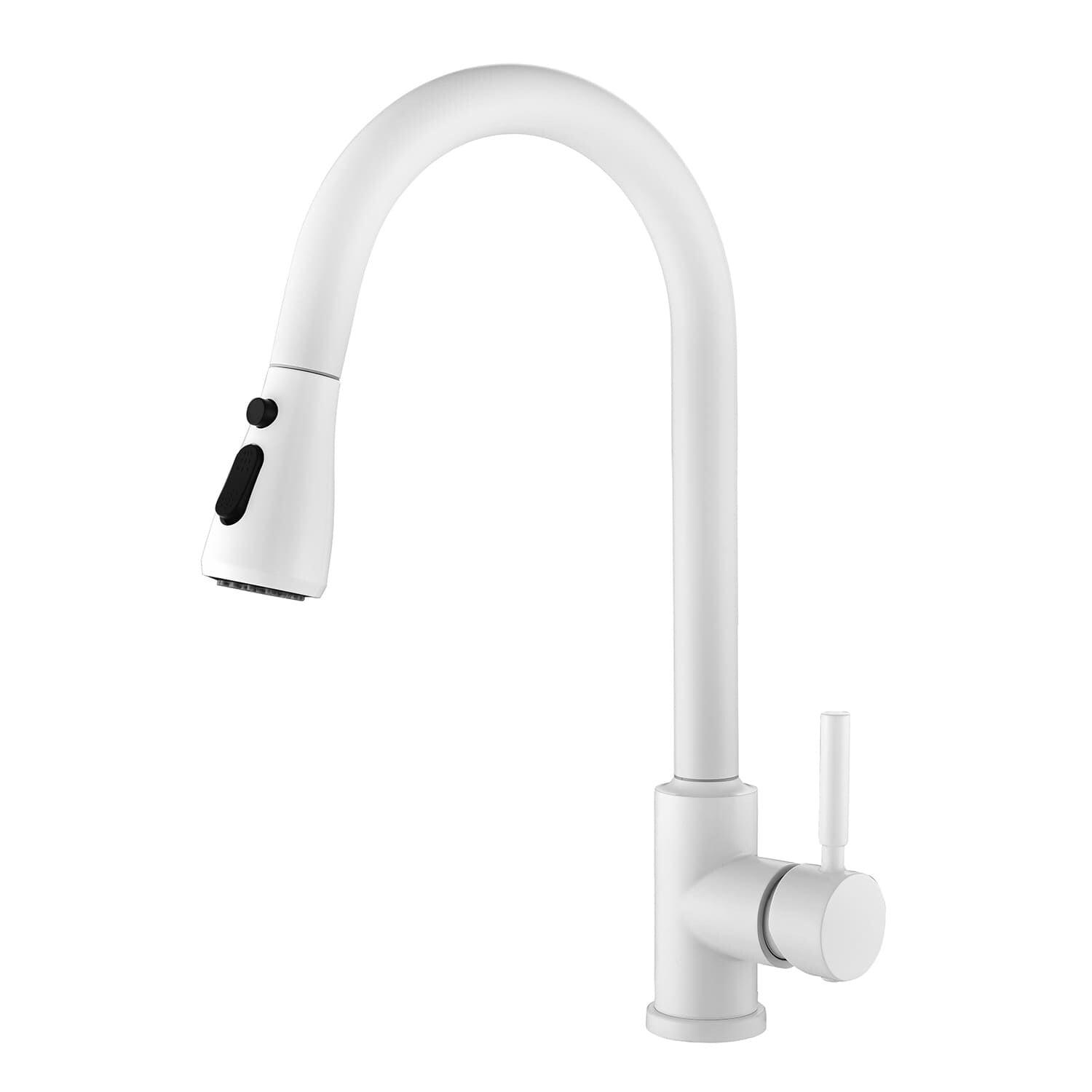 White Modern Single Handle Kitchen Faucet with Pull Down Sprayer