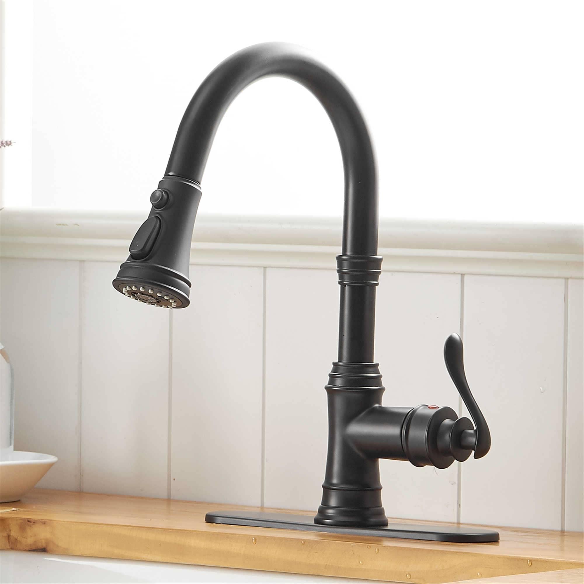 AWZTOO Pull Down Kitchen Faucet Single Handle Modern One Hole Kitchen Sink Faucets With Pull Down Sprayer Basin Tap With Deck Plate Matte Black Matte