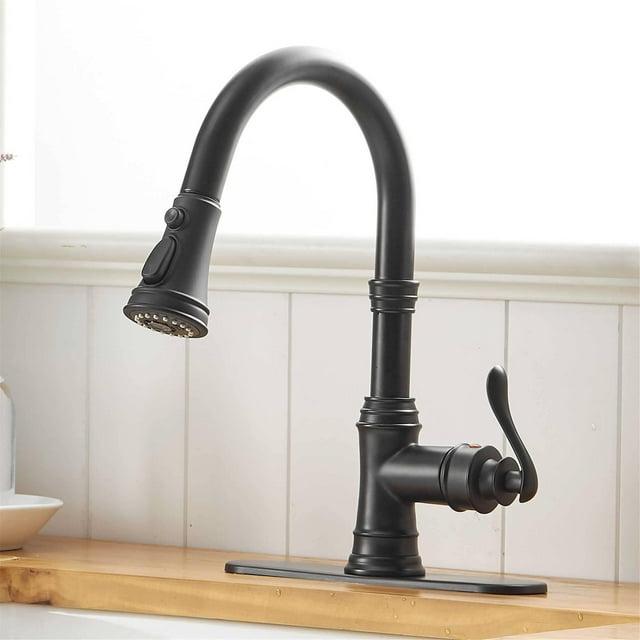 AWZTOO Pull Down Kitchen Faucet Single Handle Modern One Hole Kitchen Sink Faucets With Pull Down Sprayer Basin Tap With Deck Plate Matte Black Matte