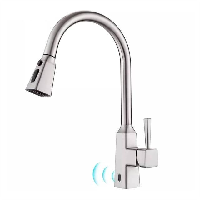 AWZTOO Touchless Kitchen Faucet With Pull Down Sprayer 1 Hole Smart Kitchen Sink Faucet Single Handle Hand Free Modern Vanity Basin Tap Brushed Nickel