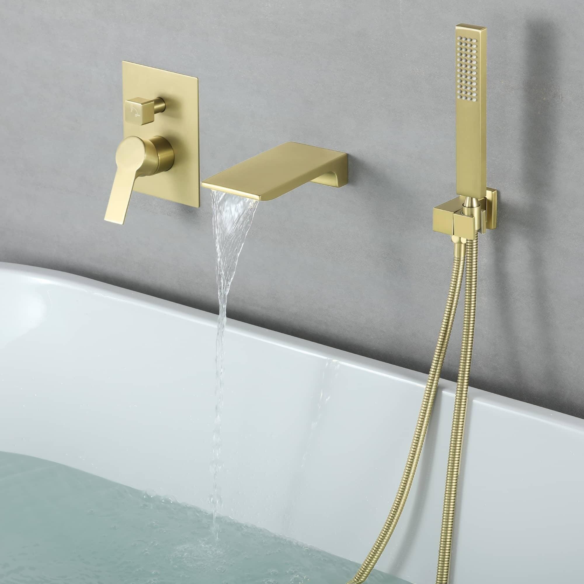 Brushed Gold Wall Mounted Waterfall Tub Faucet with Hand Shower