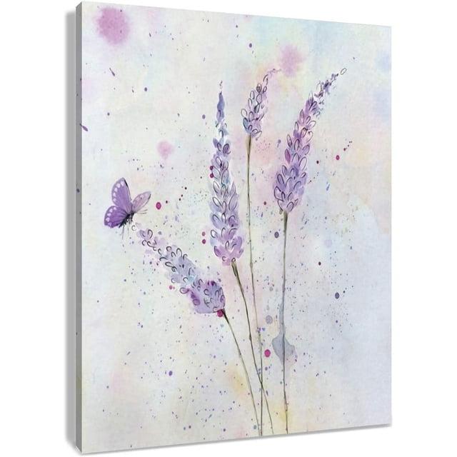 HVEST Lavender Canvas Wall Art Butterfly with Purple Flower Artwork Elegant Paintings for Living Room Bedroom Bathroom Wall Decor,Stretched and Framed Ready to Hang,12x16 inches