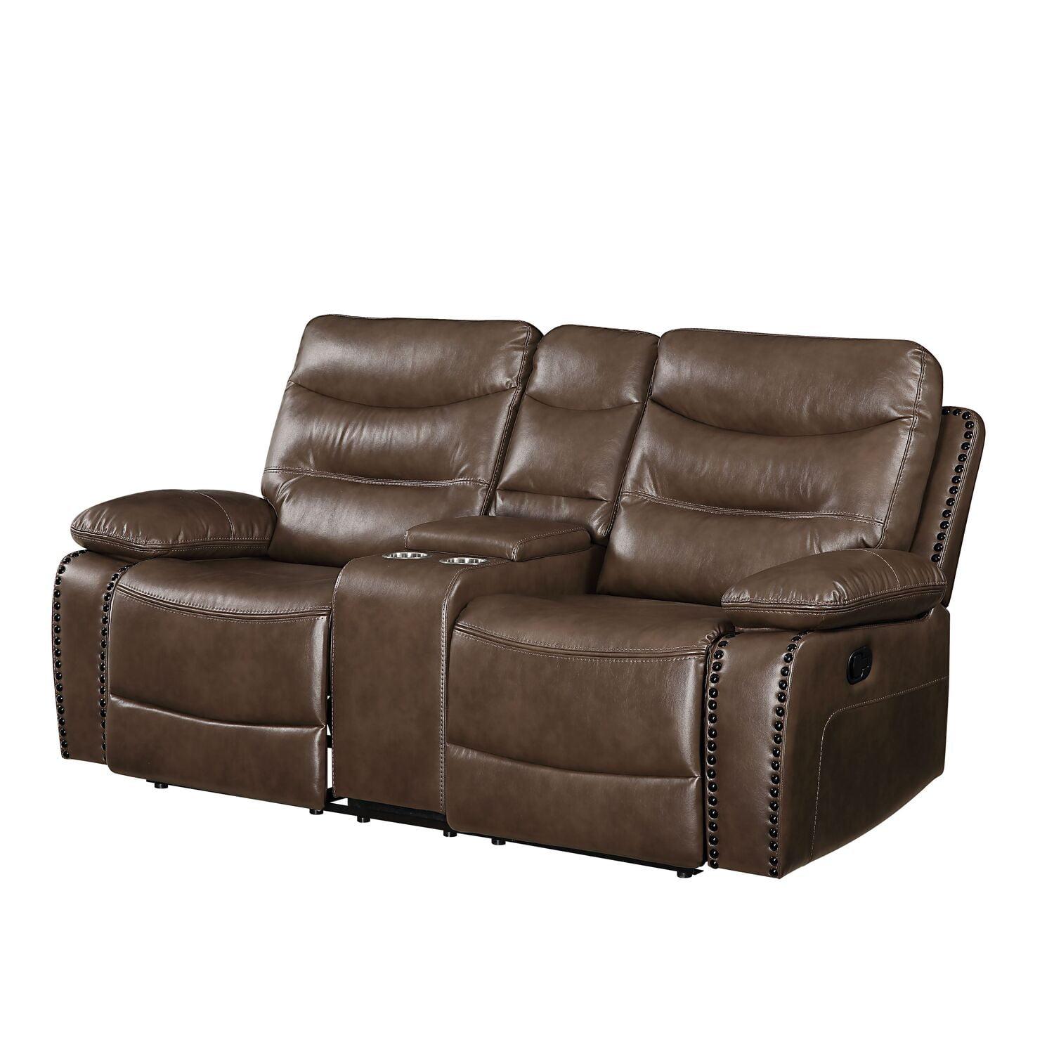 Aashi Brown Leather Tufted Reclining Loveseat with Storage Console