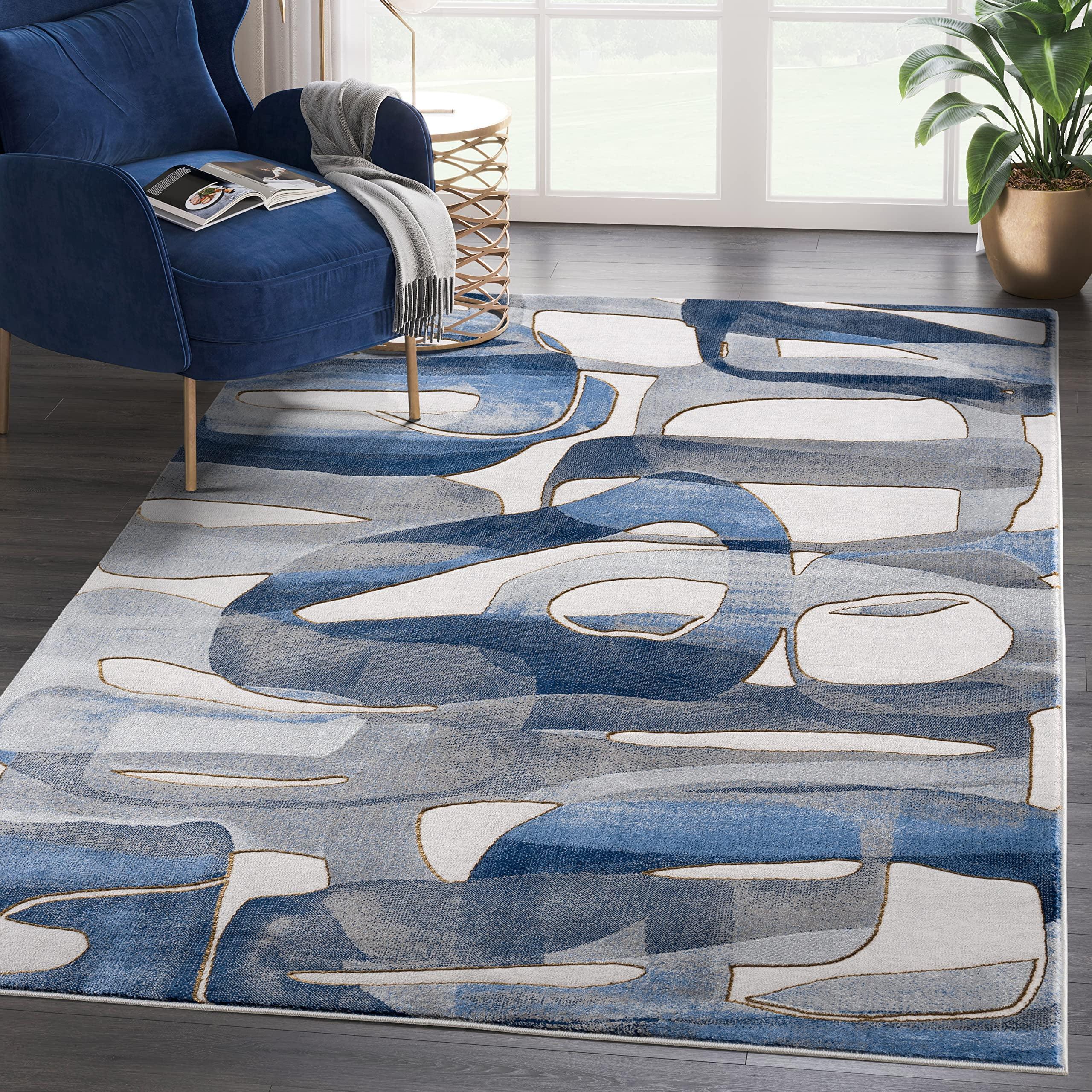 Gray and Blue Abstract Synthetic 4' x 6' Area Rug