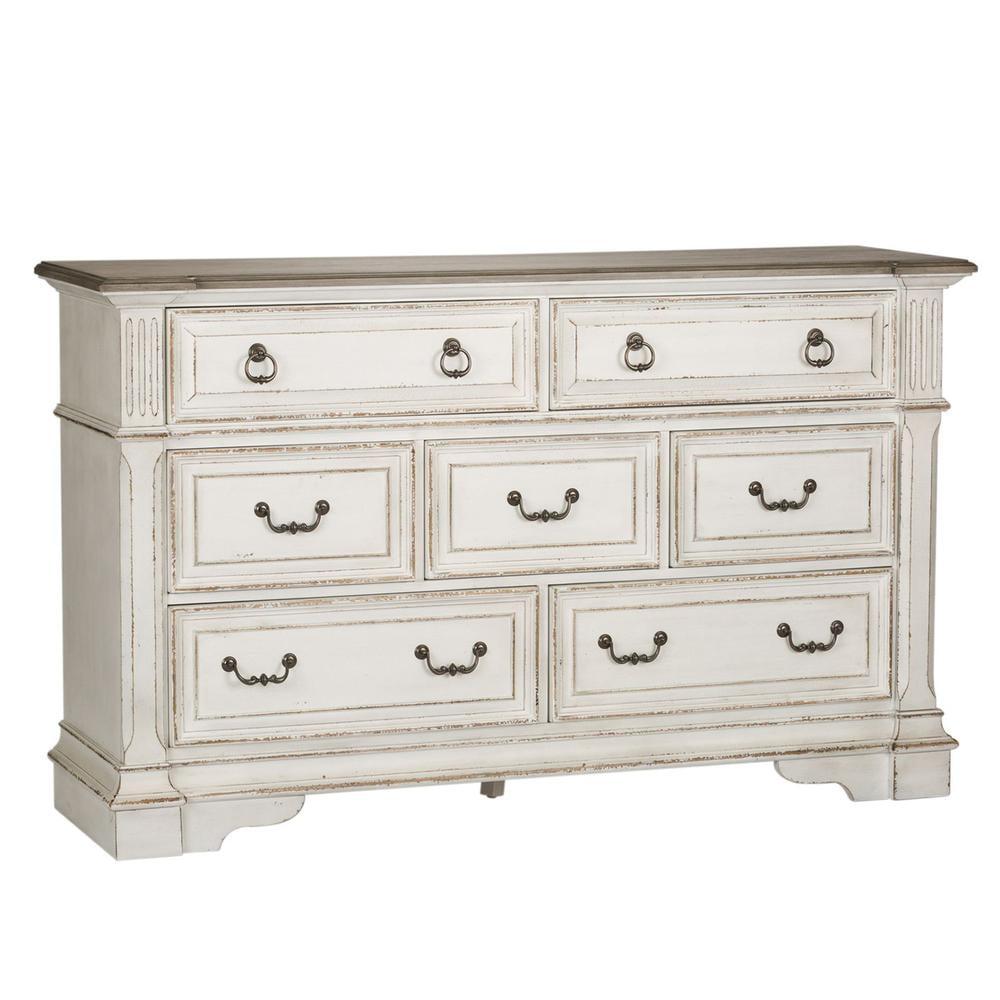 Chamfered Edge Antique White 7-Drawer Dresser with Weathered Top