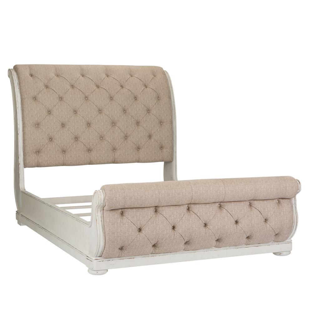 Beige Tufted Upholstered King Sleigh Bed with Wood Frame