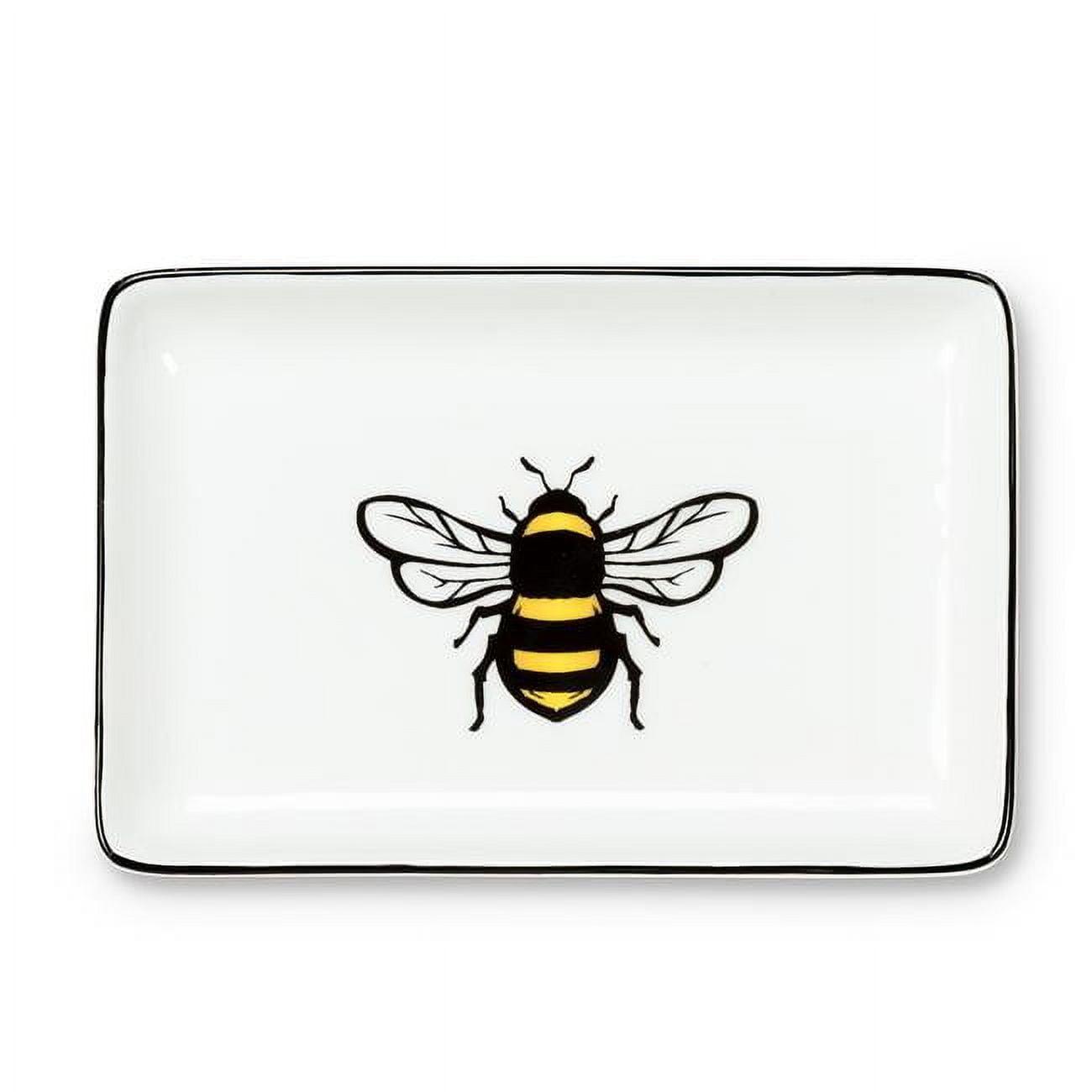 Elegant White and Black Stoneware Bee Rectangular Tray, 6 x 4 inches