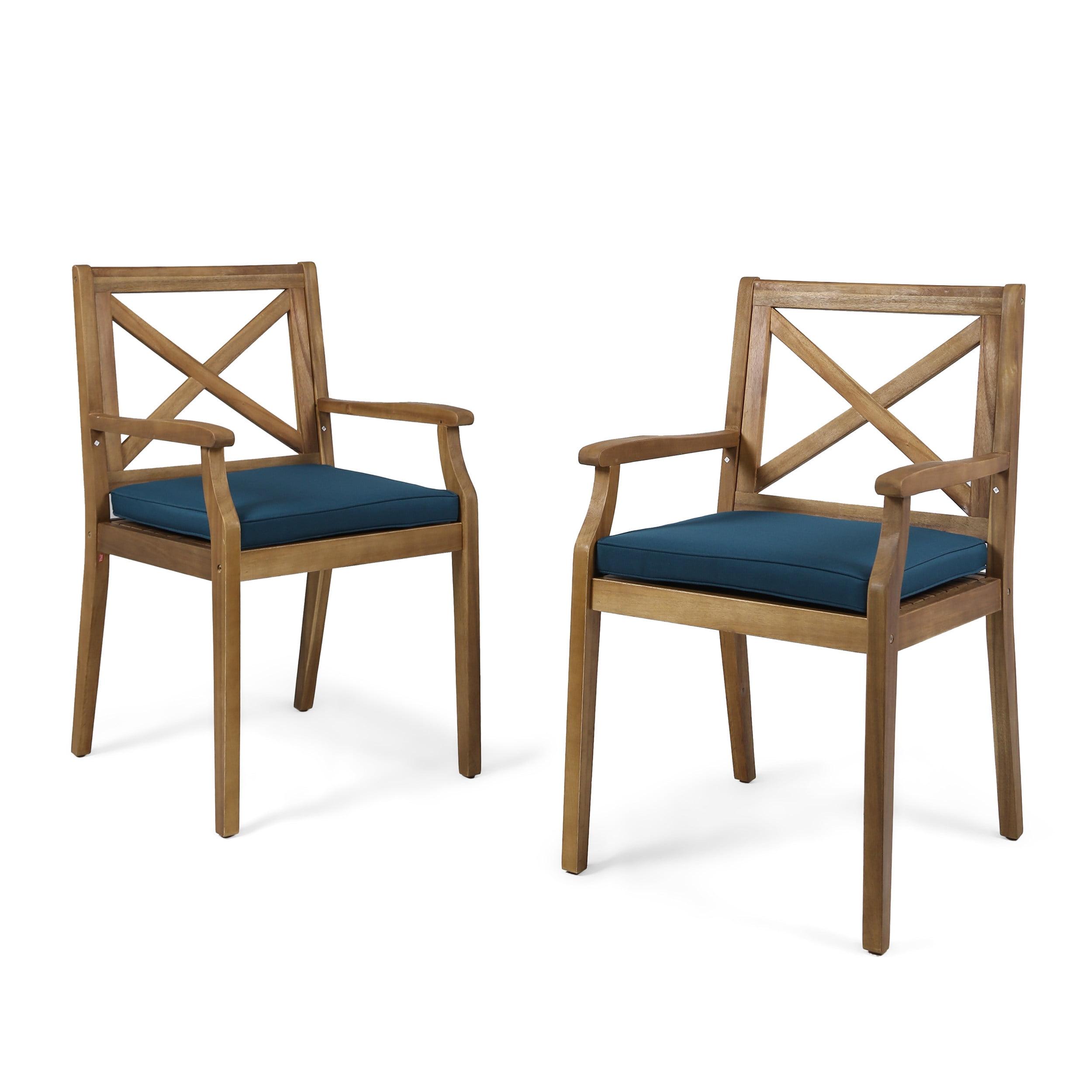 Teak Acacia Wood Outdoor Dining Chair with Blue Cushions, Set of 2