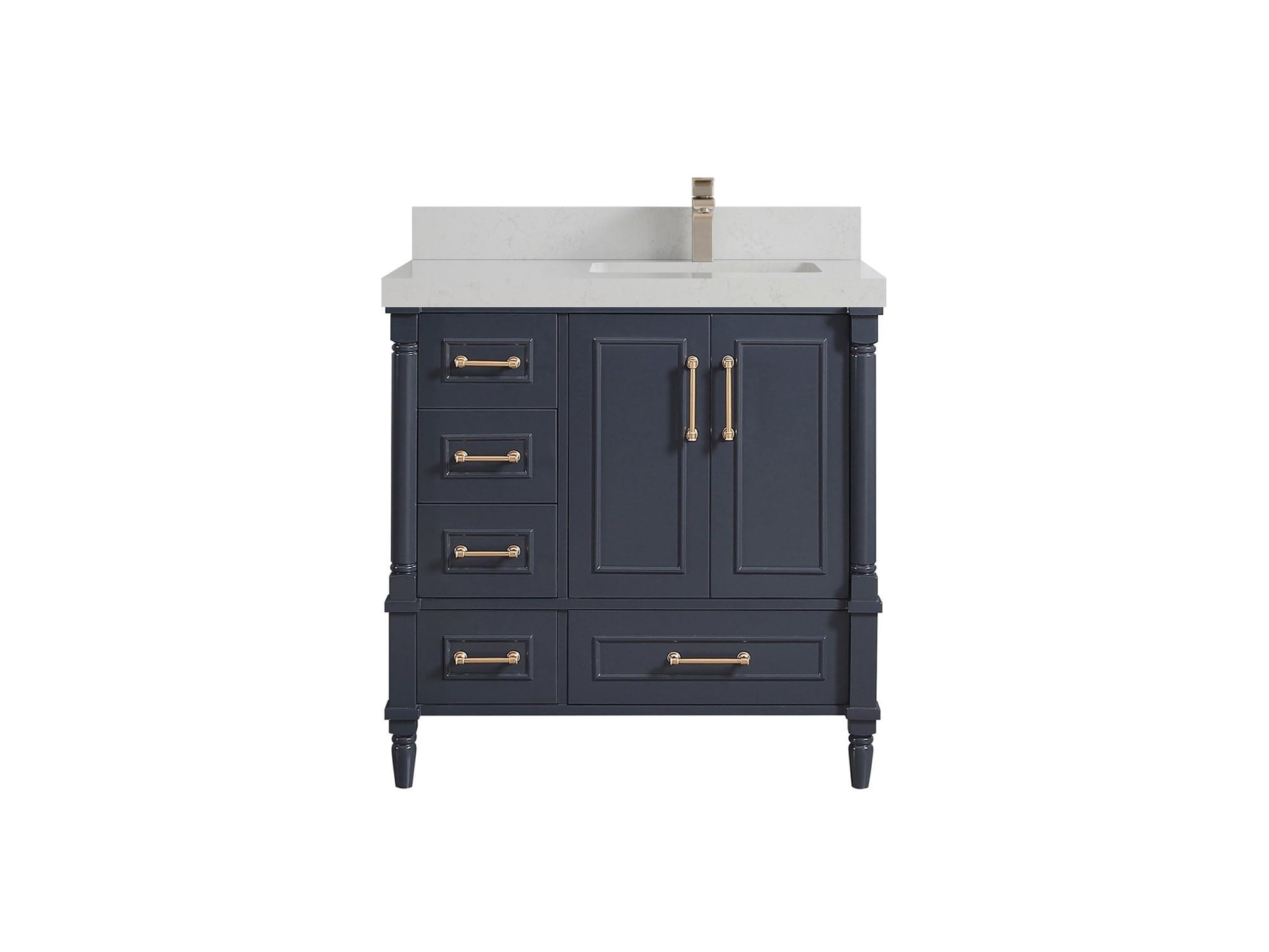 Hudson 36" Navy Blue Solid Wood Freestanding Vanity with White Quartz Top