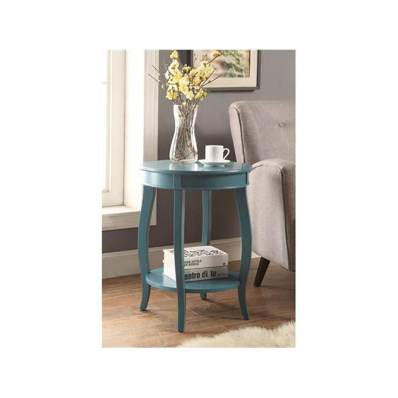 Teal Round Wooden Aberta Side Table with Stylized Legs and Shelf