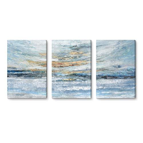 Blue and Gold Abstract Coastal Canvas Wall Art Set