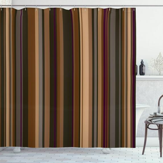 Abstract Shower Curtain, Retro Vertical Striped Background in Different Shades of Earthen Tones Image, Fabric Bathroom Set with Hooks, 69W X 70L Inches, Tan and Brown, by Ambesonne