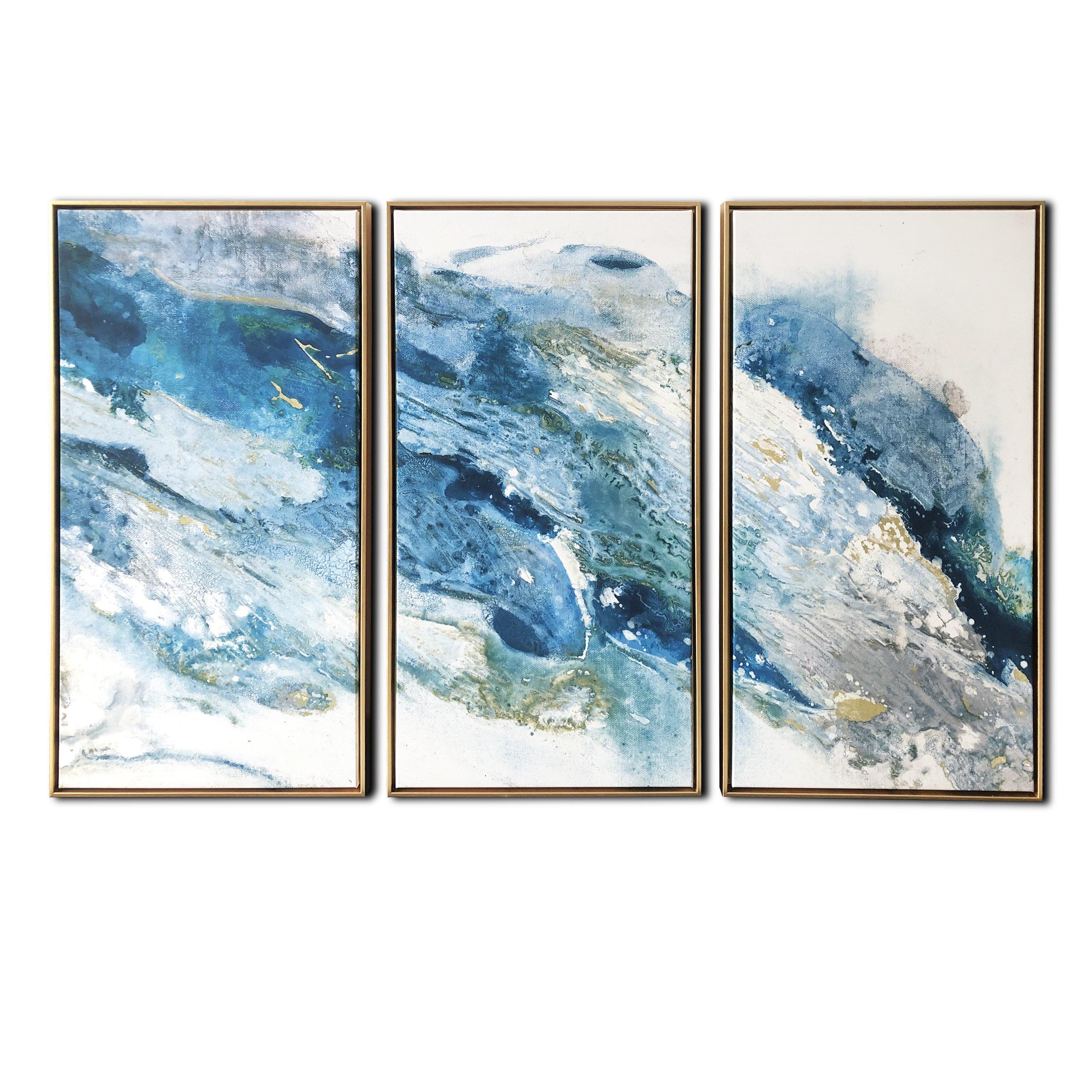 48" x 30" Abstract Regalite Triptych Floating Framed Wall Canvas Teal Blue - Gallery 57