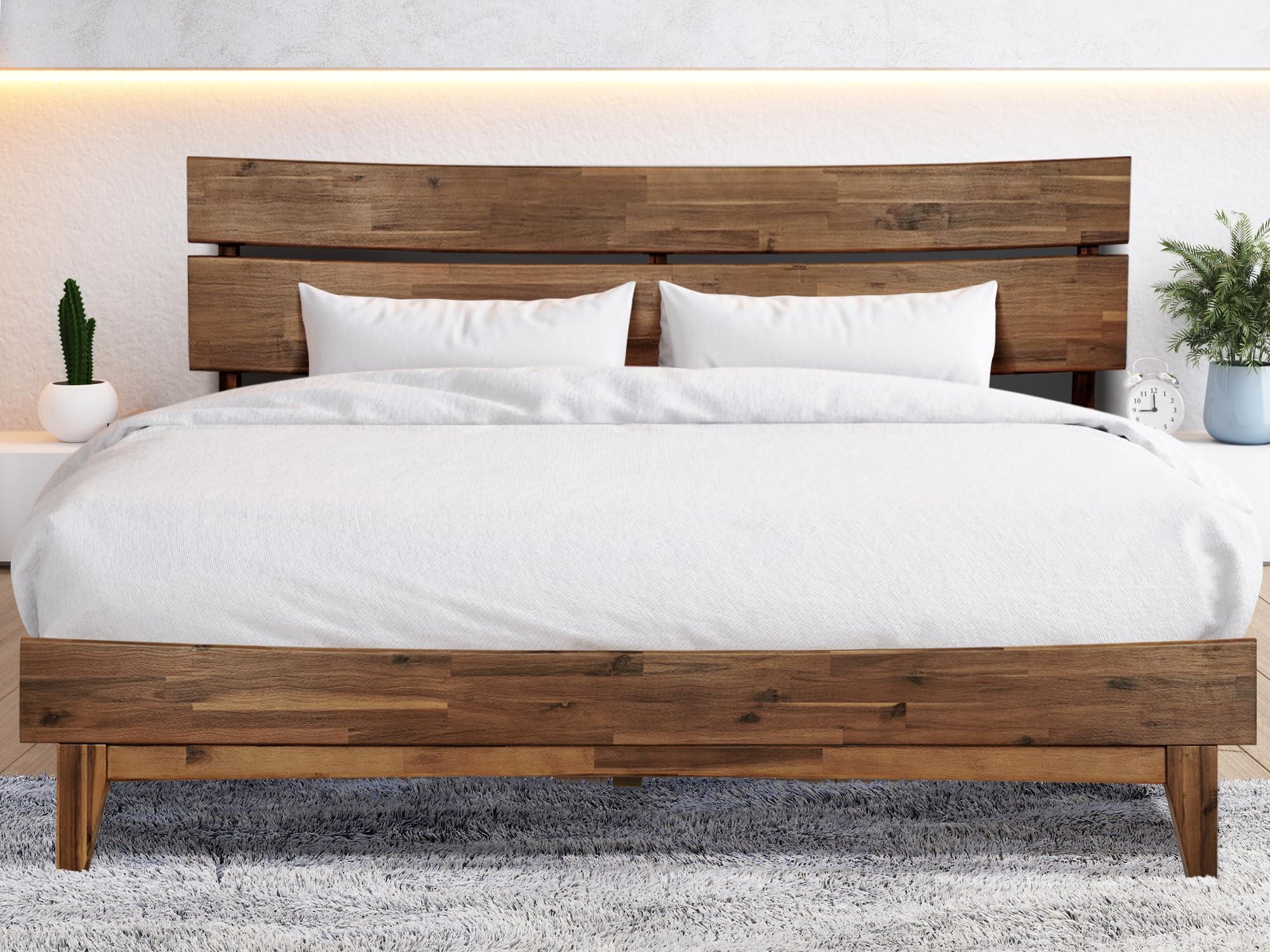 Acacia Aurora Premium Solid Wood Platform Bed Frame and High Headboard, Queen Bed Frame with Headboard, Mid Century Modern Bed with 5 years Warranty