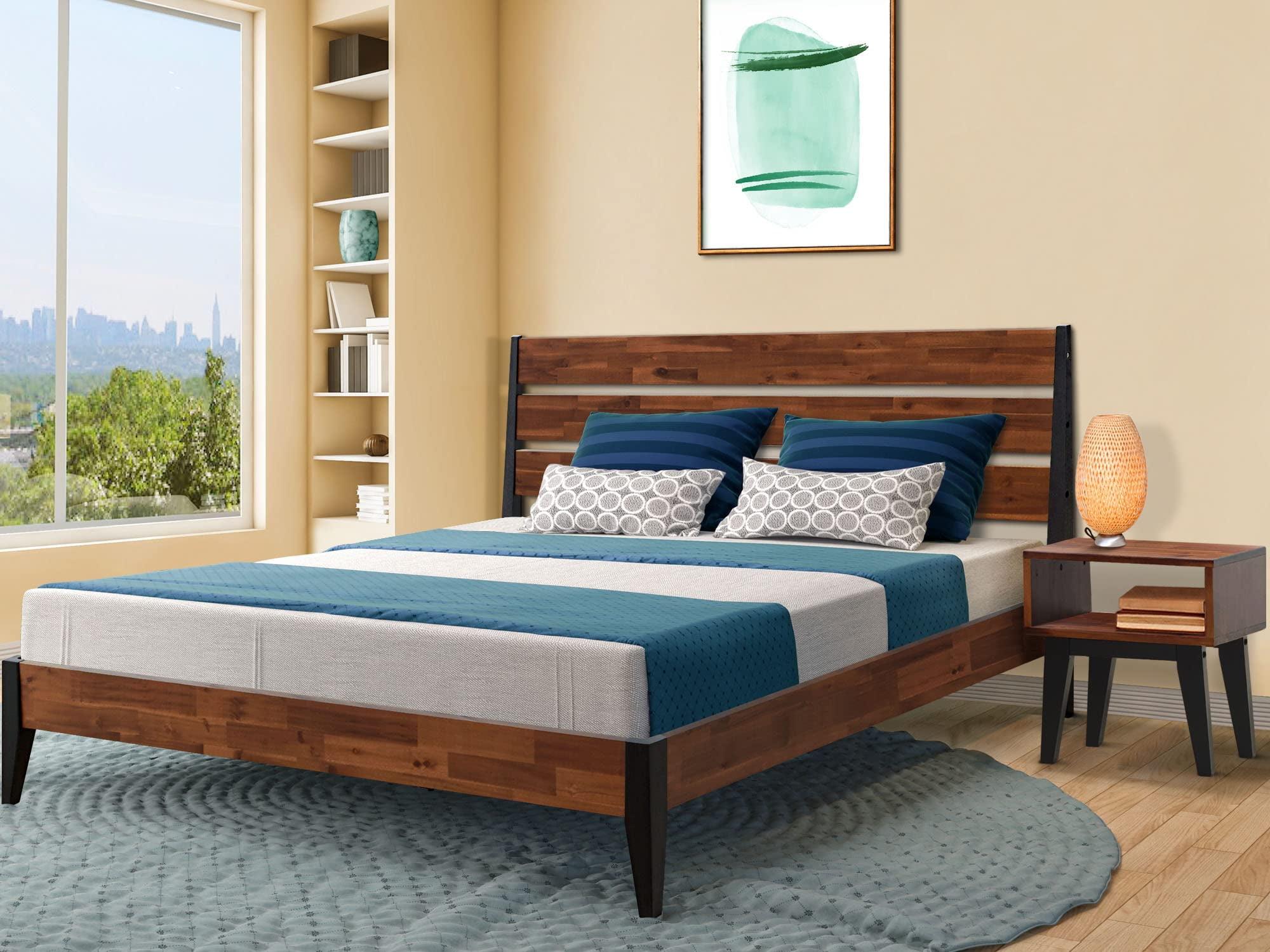 Acacia Emery 2-Pcs Bedroom Set – Solid Wood Platform Bed Frame & Matching Nightstand, Mid-Century Modern Farmhouse, 800 lbs Capacity, No Box Spring Needed