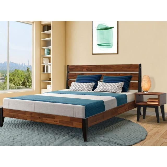 Acacia Emery 2-Pcs Bedroom Set – Solid Wood Platform Bed Frame & Matching Nightstand, Mid-Century Modern Farmhouse, 800 lbs Capacity, No Box Spring Needed