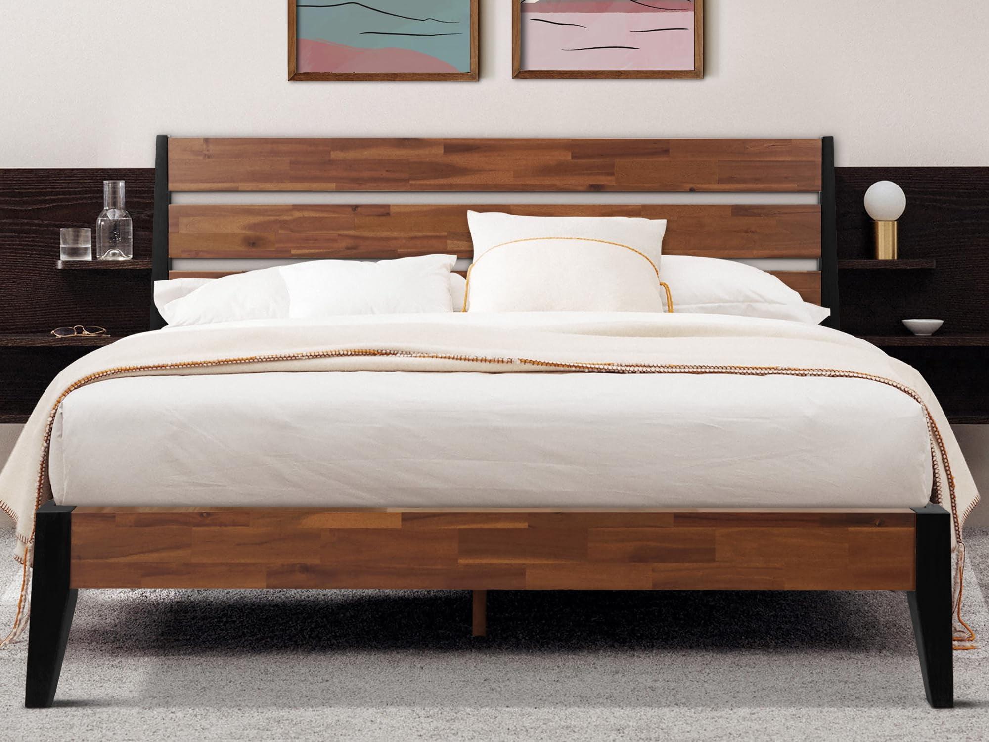Acacia Premium Emery Solid Wood Platform Bed Frame with Headboard Included, No Box Spring Needed, Weight Capacity 800lb.