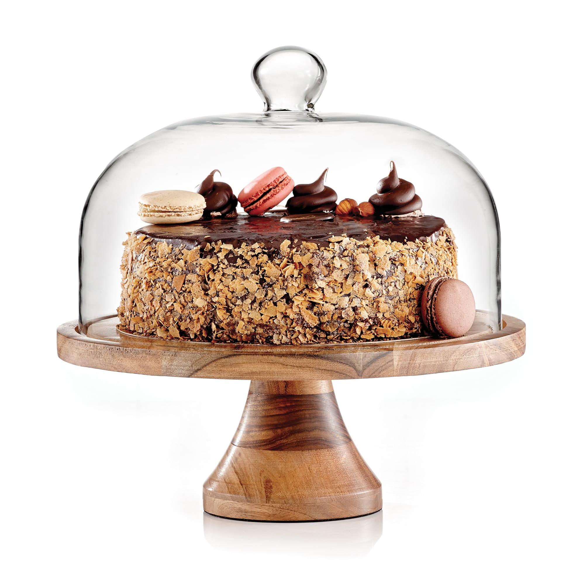 Round Wood Pedestal Cake Stand with Glass Dome