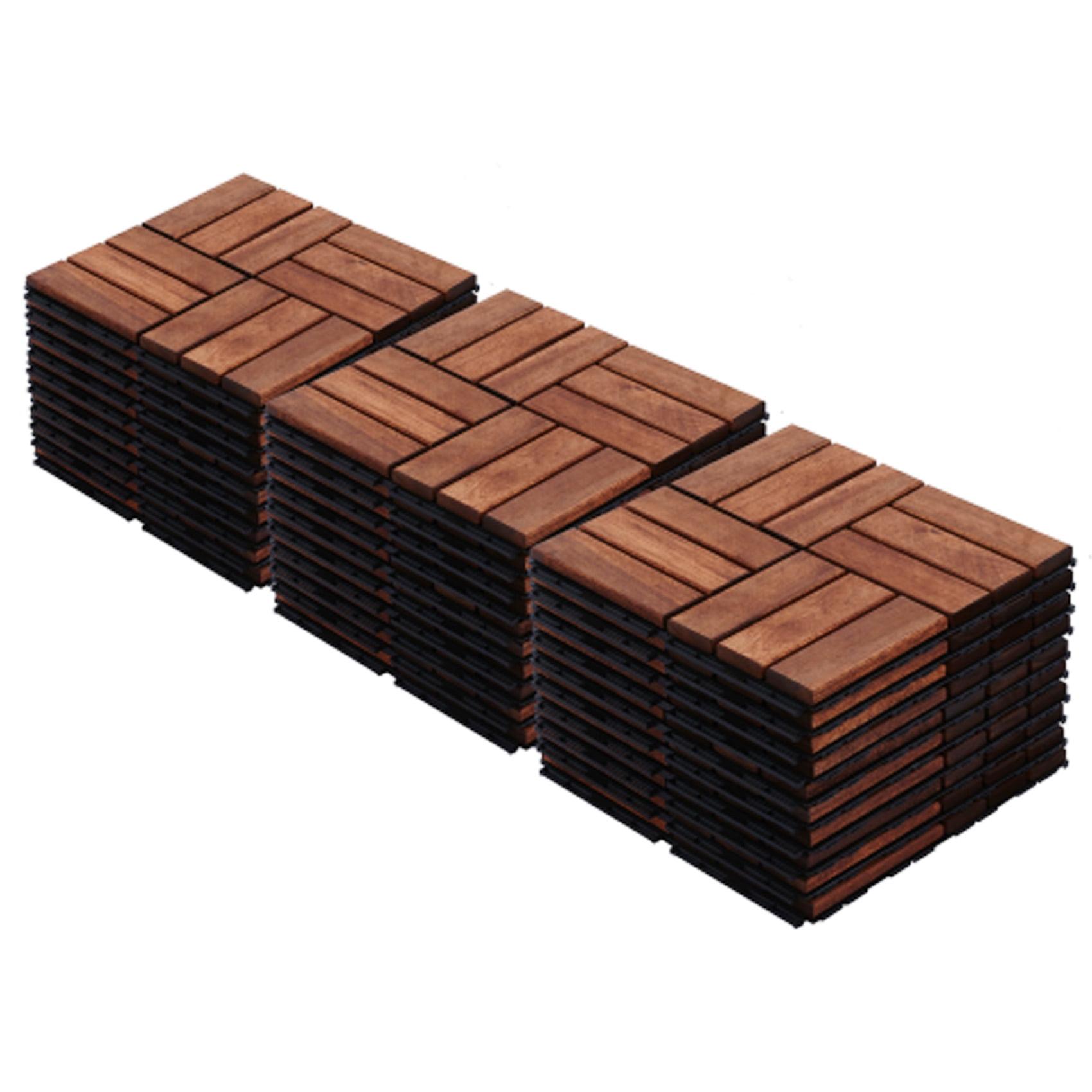 Brown Acacia Hardwood Interlocking Deck Tiles, 12" x 12" Square, 30-Pack