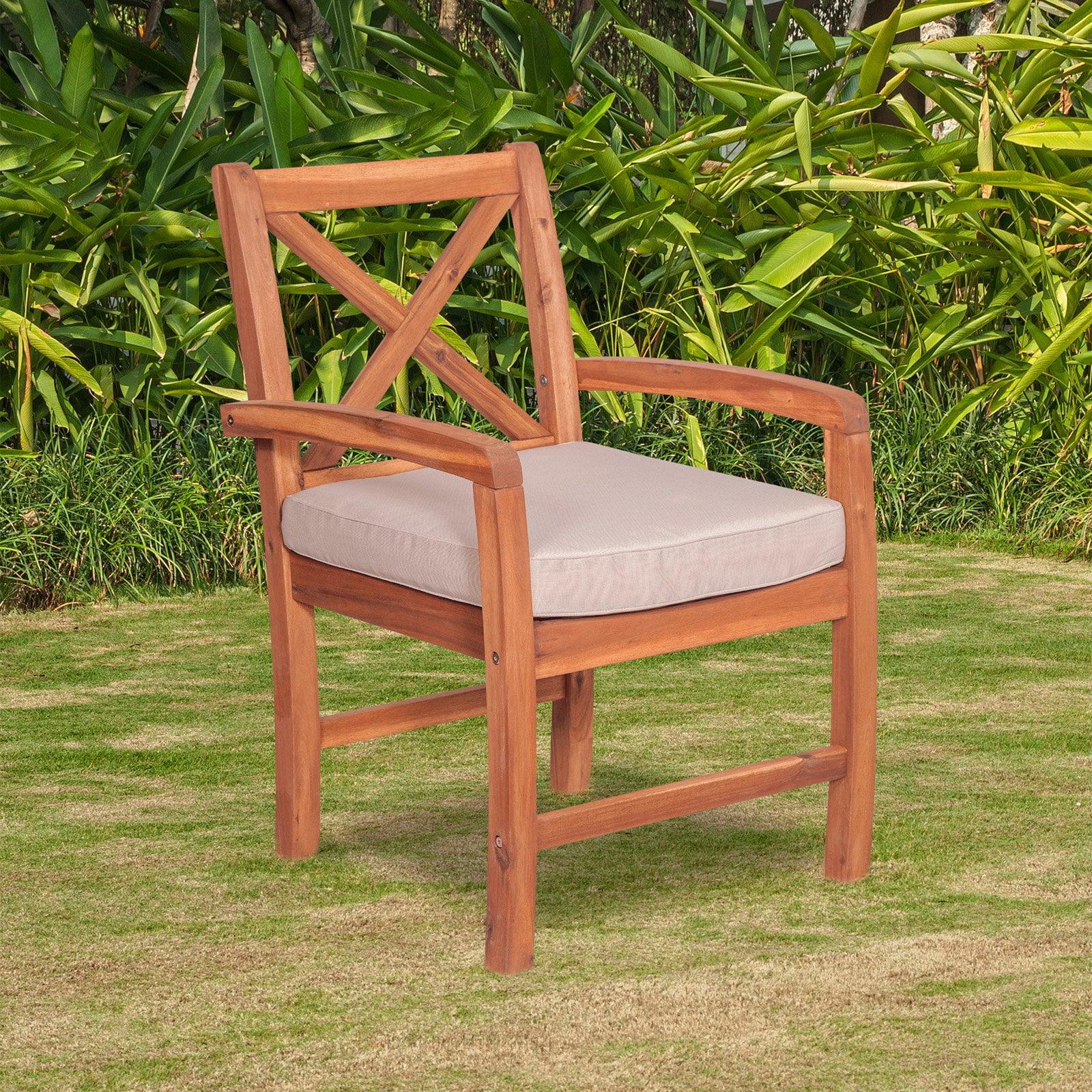 Brown Acacia Wood X-Back Patio Chairs with Cushions, Set of 2