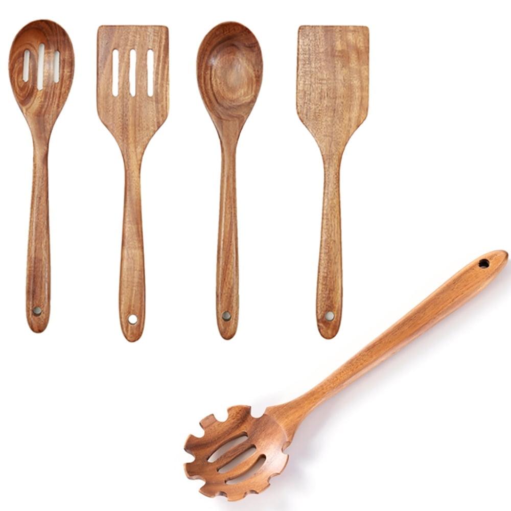 5Pcs Kitchen & Cooking Utensils Set - Wooden Spatula, Slotted & Pasta Spoon - Essential Wooden Utensil Set