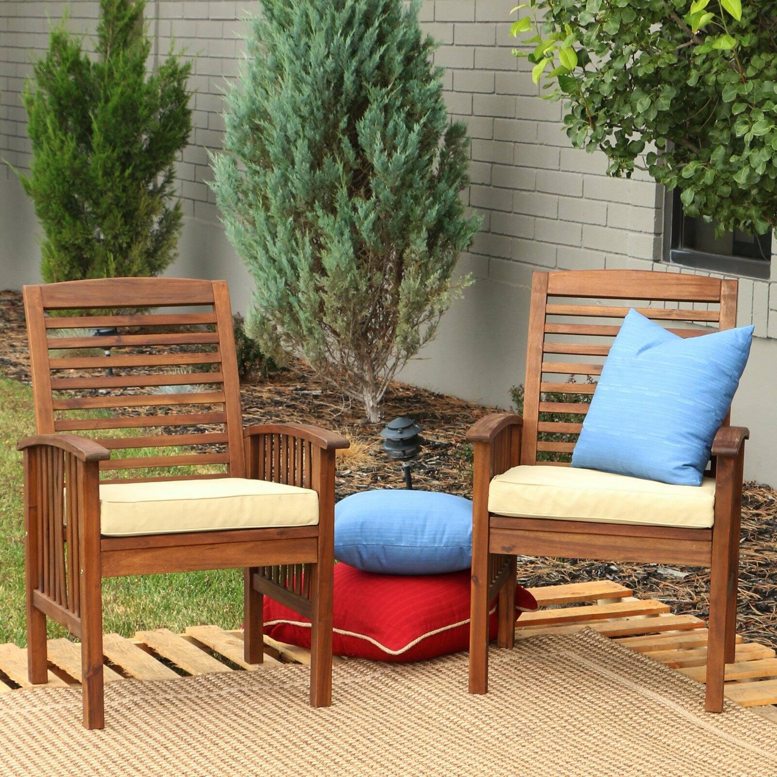 Dark Brown Acacia Wood Patio Chairs with Beige Cushions - Set of 2