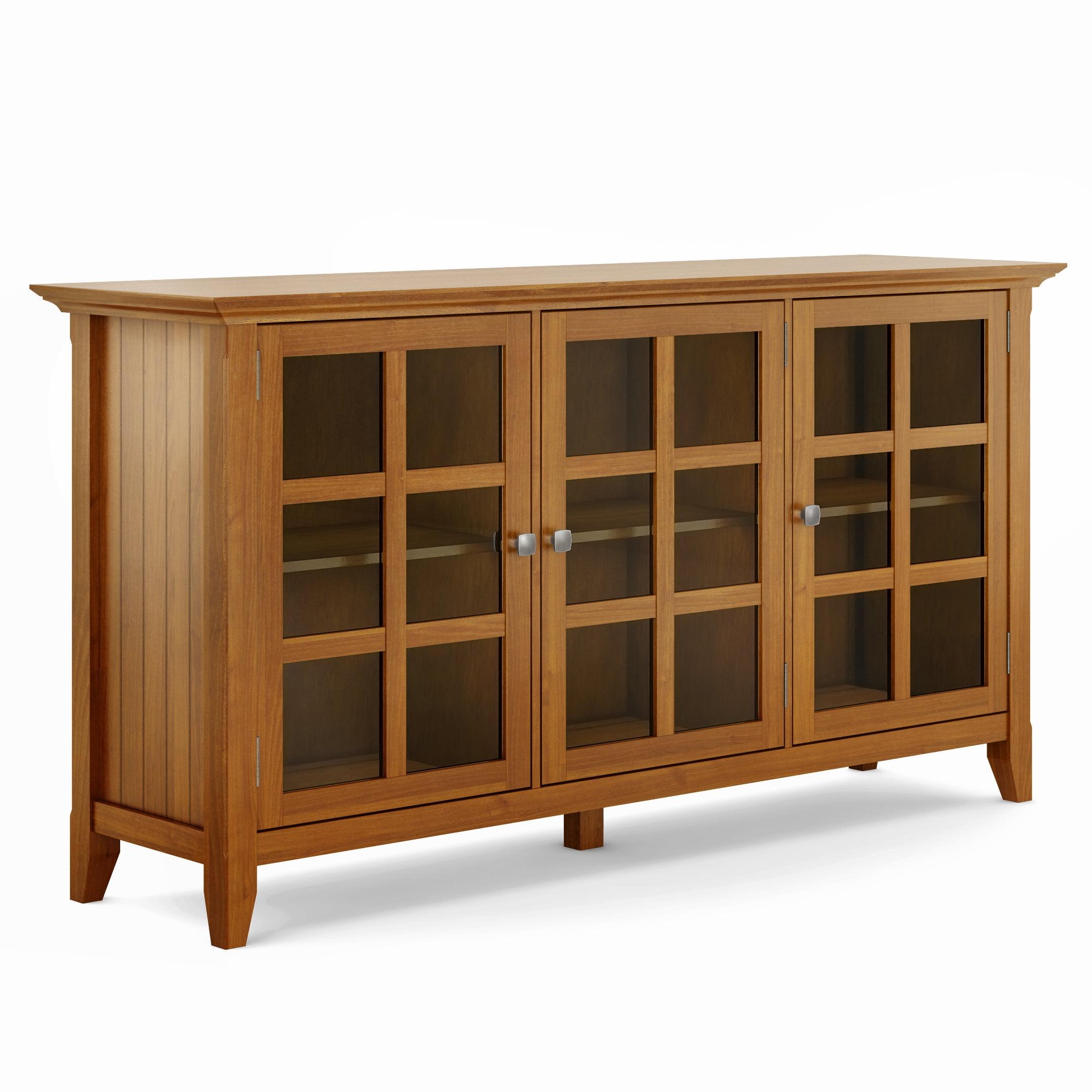 Light Golden Brown Pine and Plywood Storage Cabinet with Glass Doors