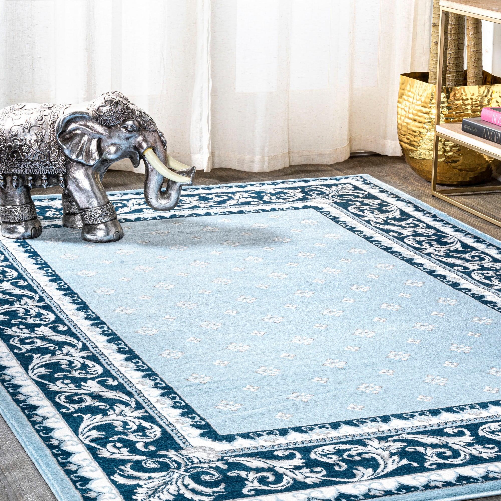 Blue and Navy Synthetic French Border 8' x 10' Area Rug