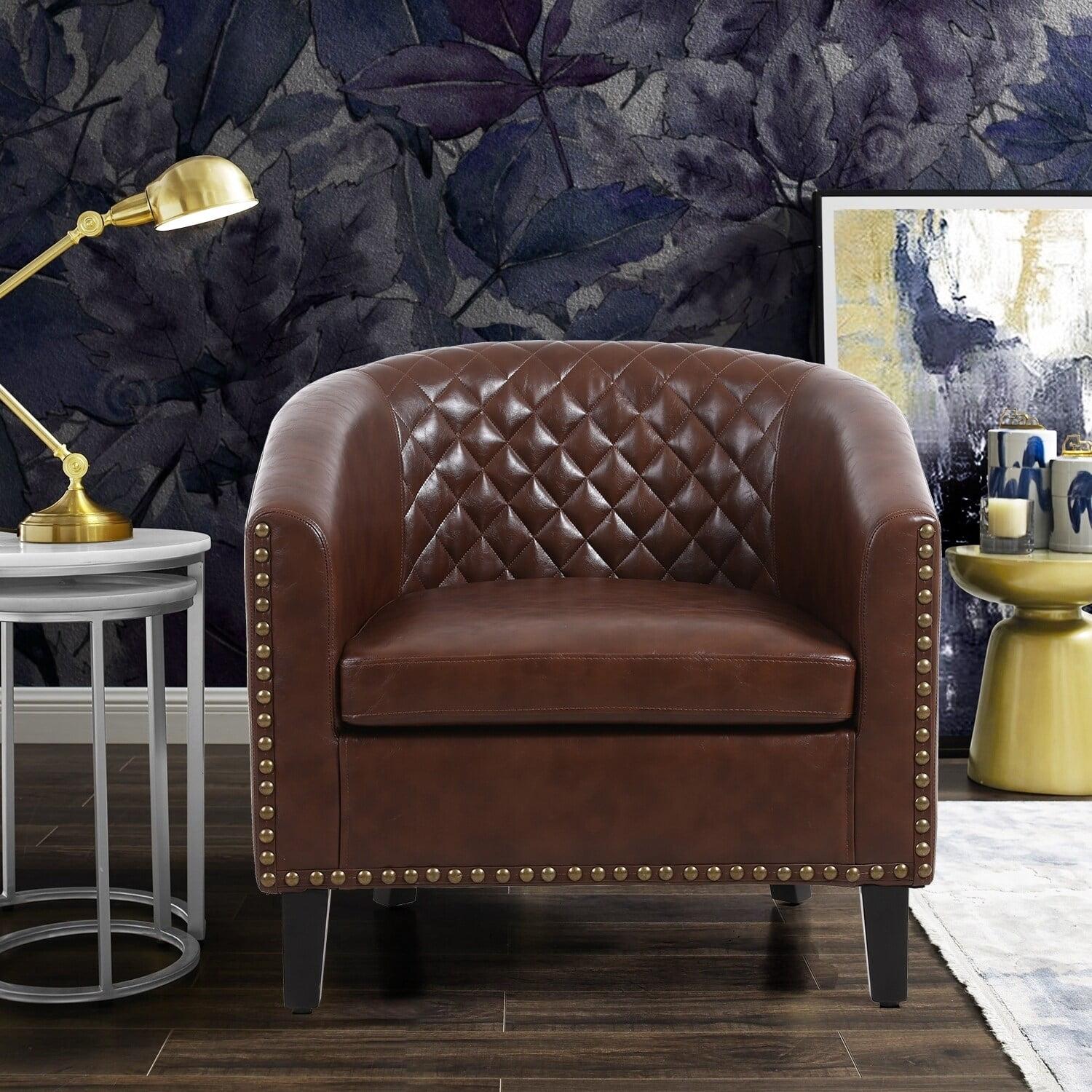 Brown Faux Leather Barrel Chair with Nailhead Trim