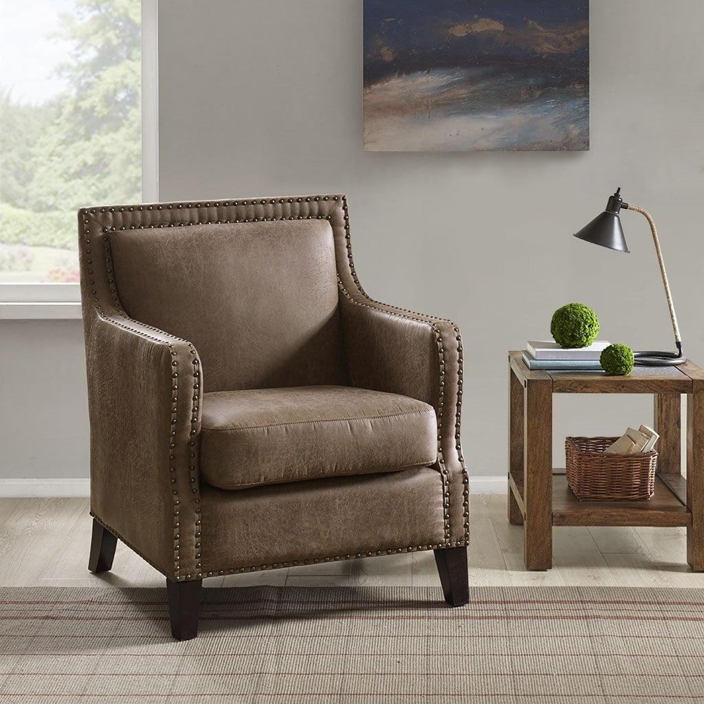 Brown Faux Leather Accent Chair with Wood Legs