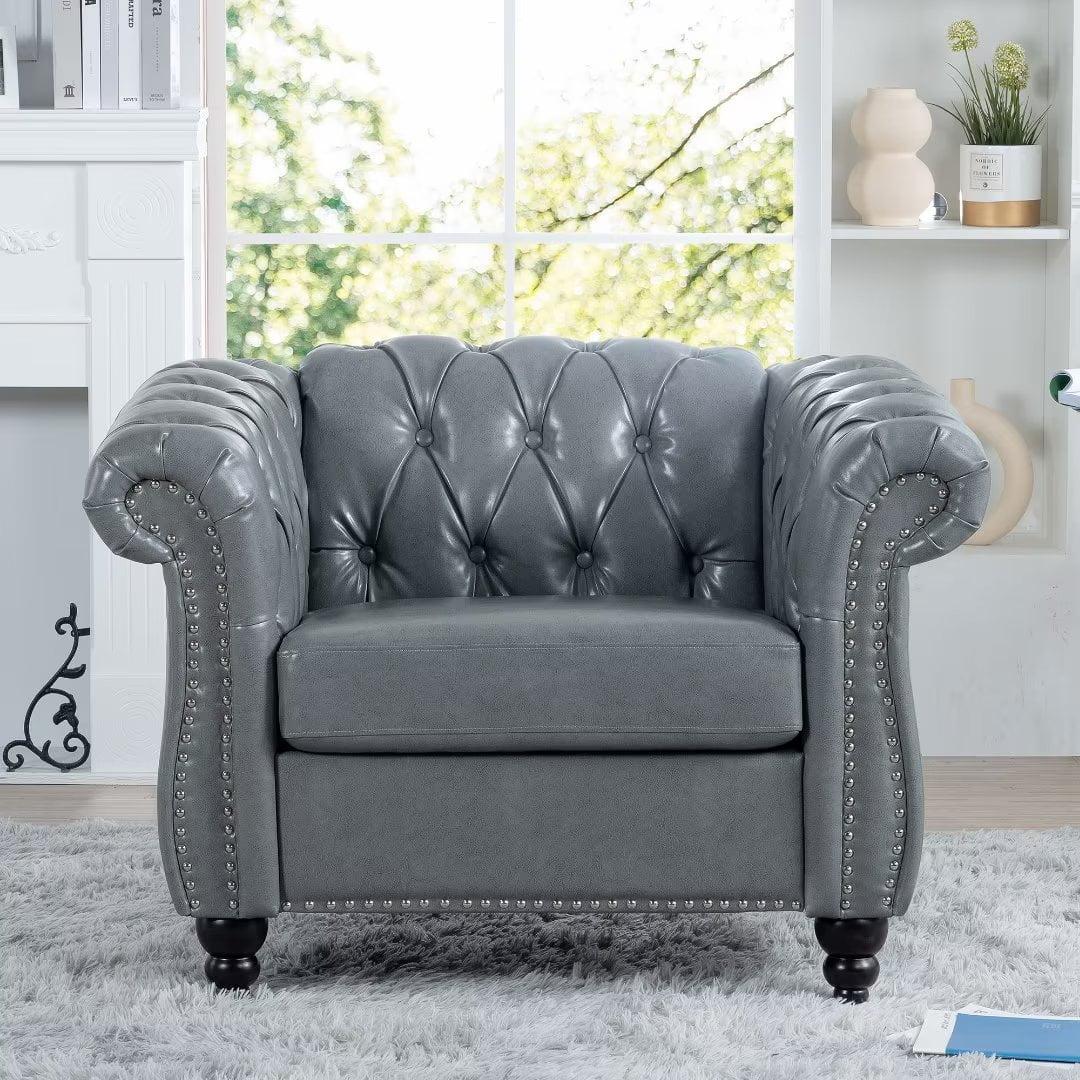 Gray Faux Leather Chesterfield 1-Seater Sofa with Nailhead Trim