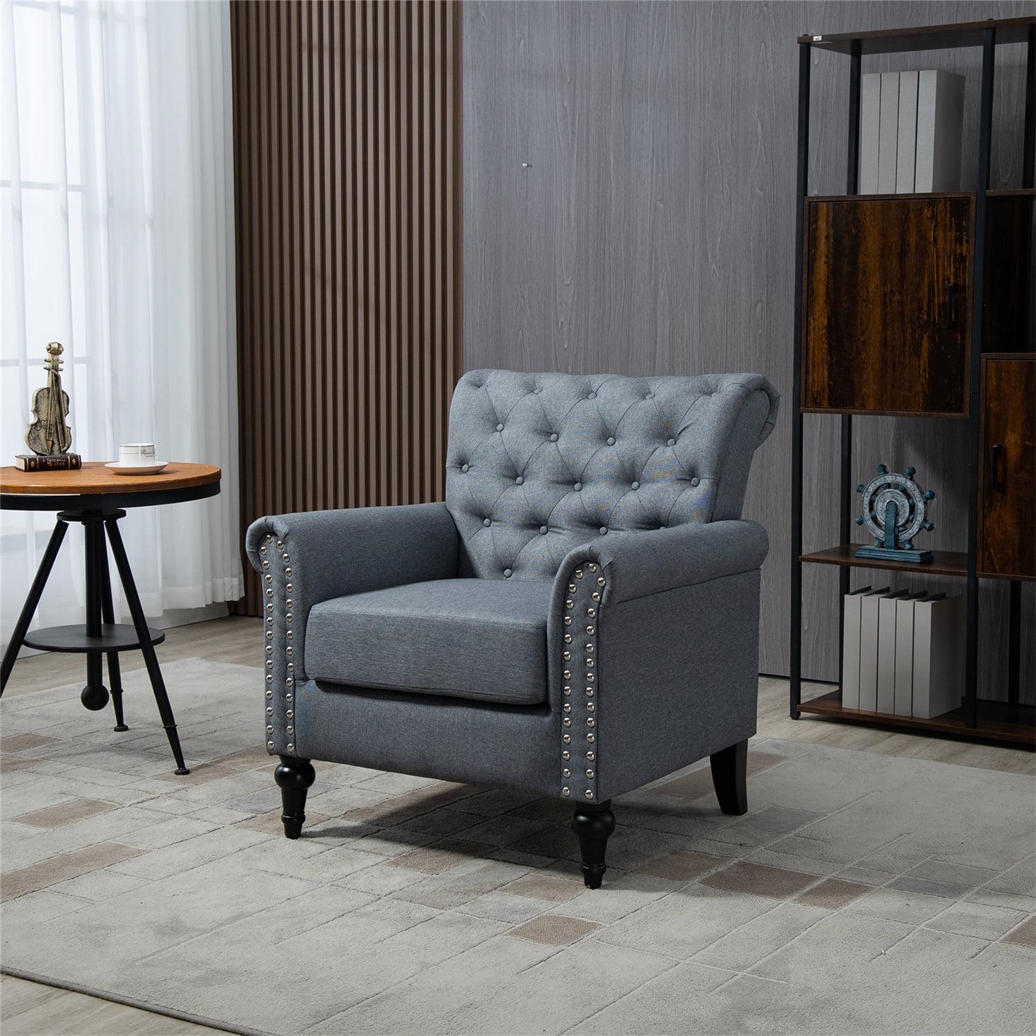 Gray Velvet Tufted Accent Chair with Wood Legs