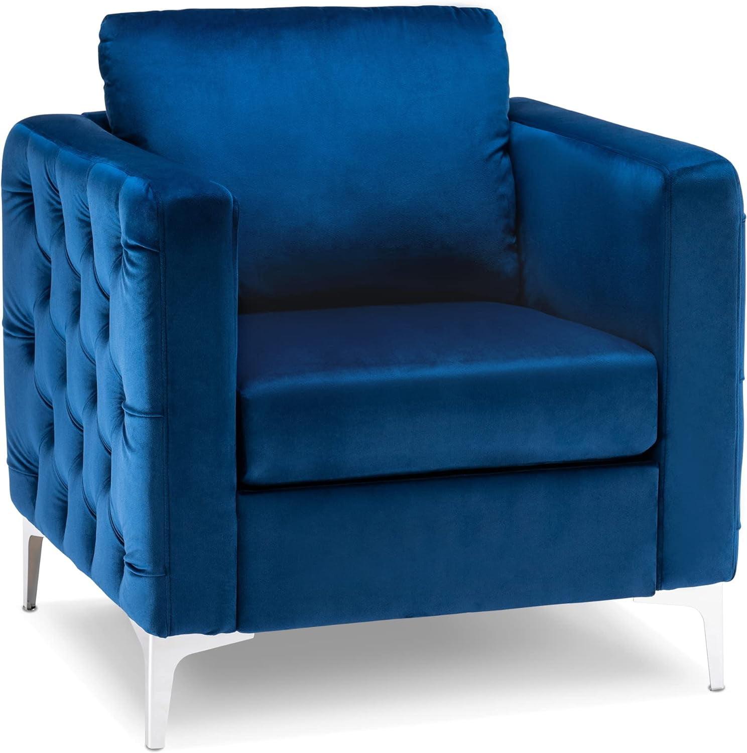 Blue Velvet Tufted Barrel Accent Chair with Silver Metal Legs