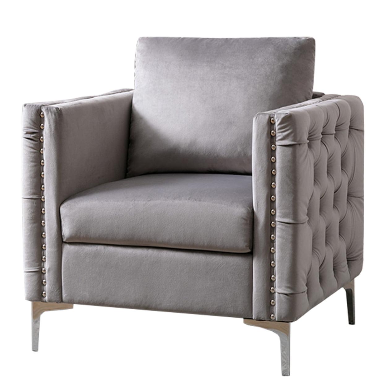 Elegant Gray Velvet Accent Chair with Tufted Design and Wooden Frame