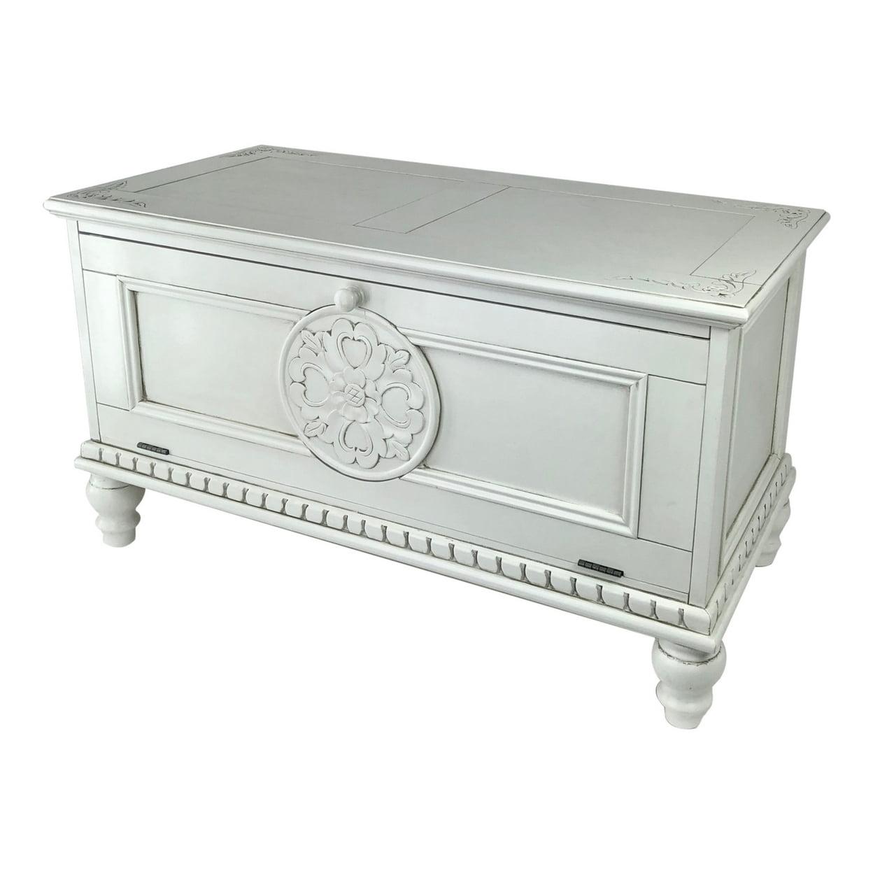 Accent Chest with Drop Down Storage and Carved Details, White- Saltoro Sherpi