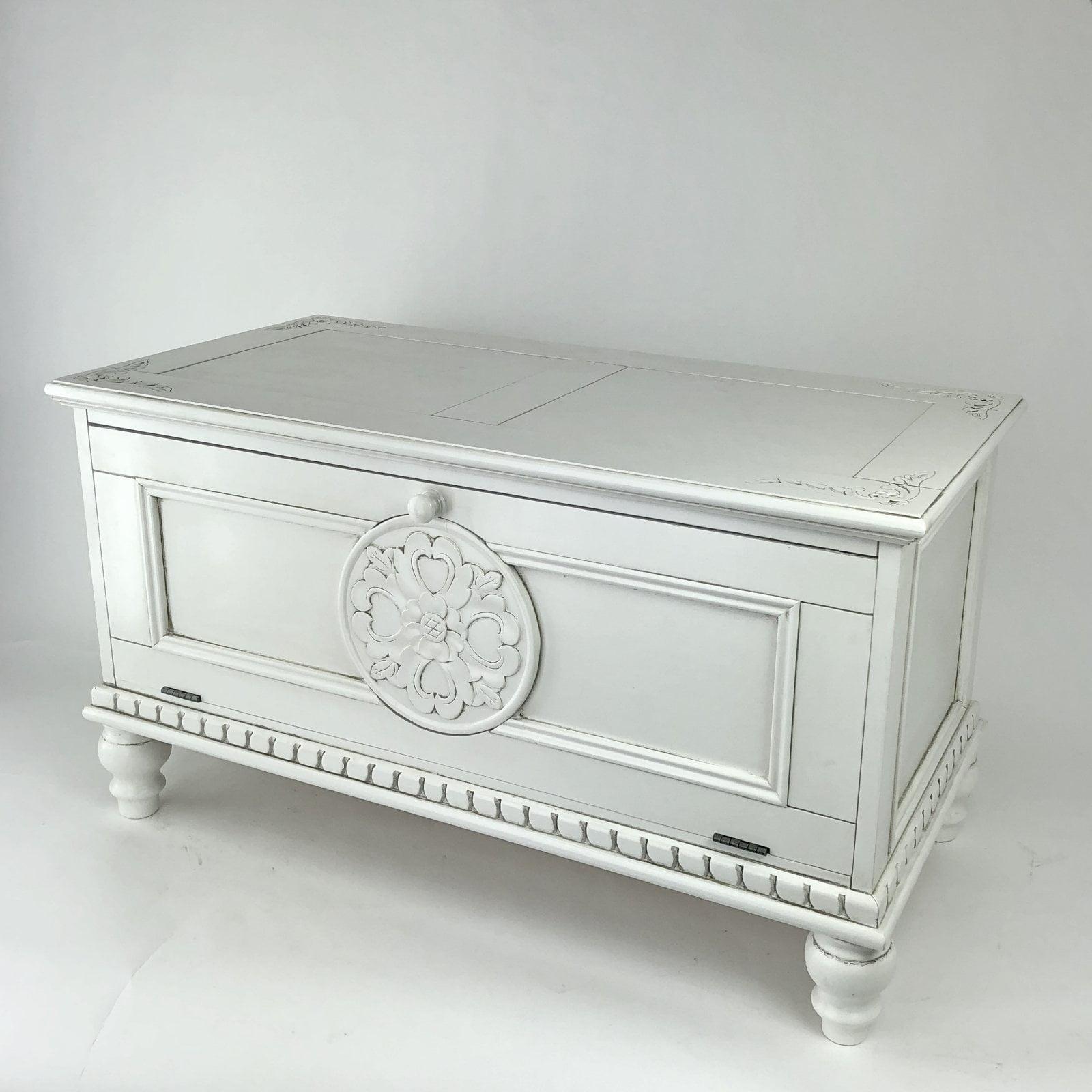 Accent Chest with Drop Down Storage and Carved Details, White- Saltoro Sherpi