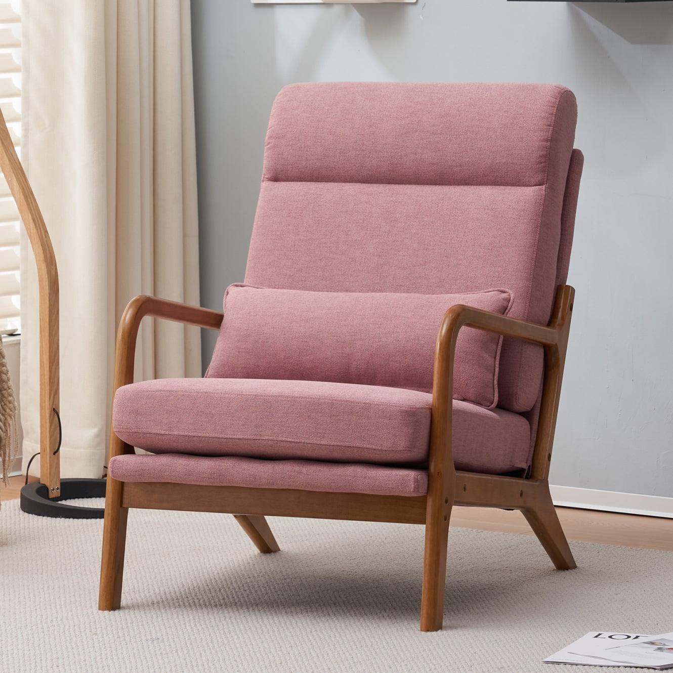 Ktaxon Mid Century Modern Accent Chair, Linen Fabric Armchair, Hight Back Single Sofa with Solid Wood Frame Pink