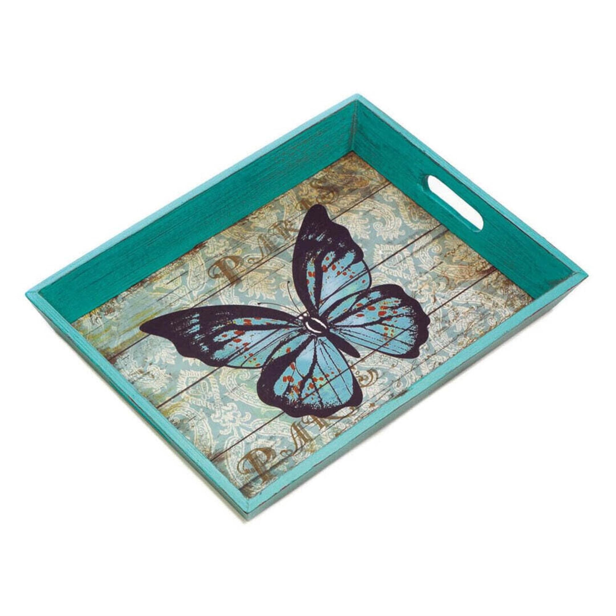 Weathered Blue Butterfly Print Decorative Serving Tray