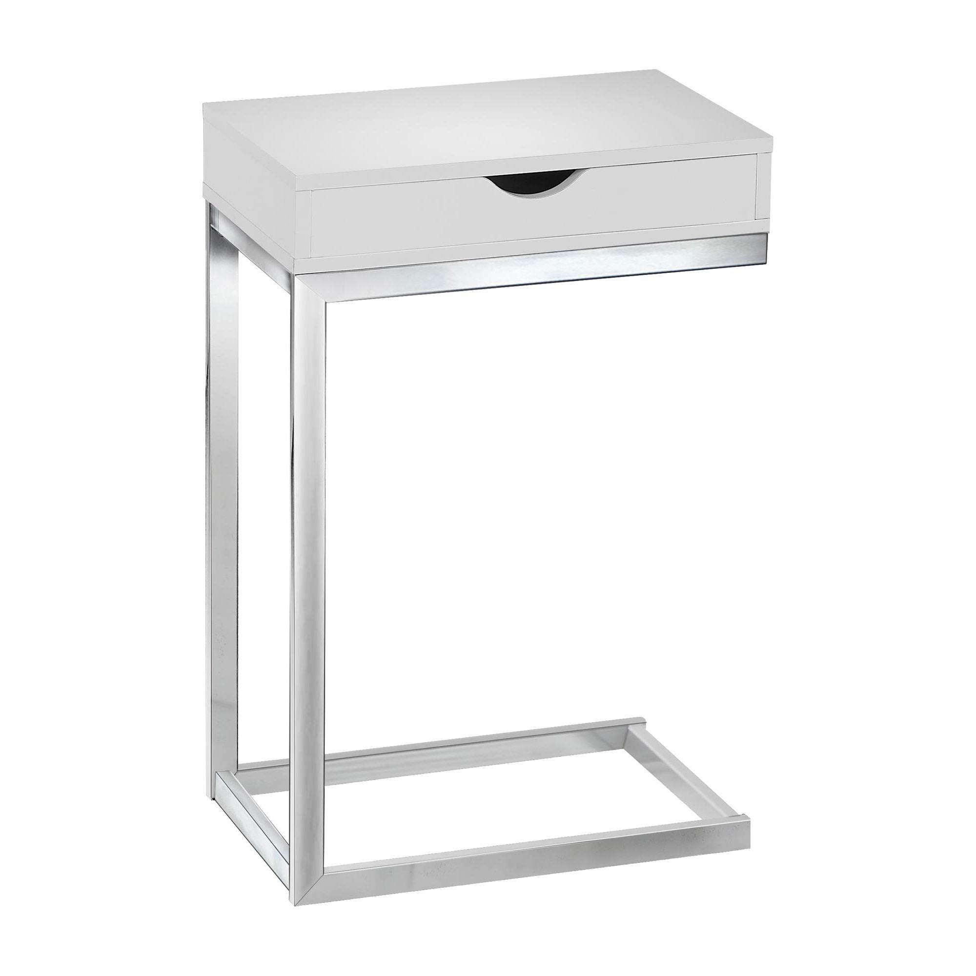 Glossy White Metal and Wood C-Shaped End Table with Drawer