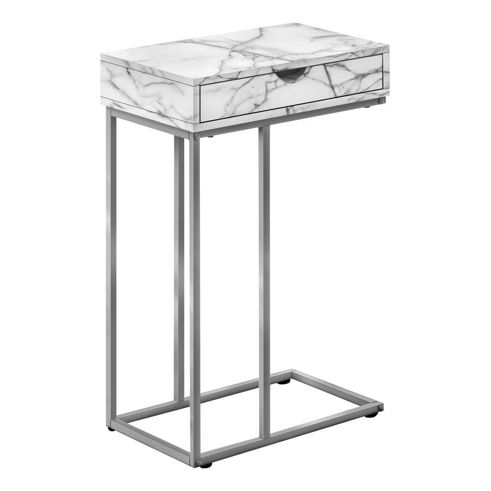 Monarch Specialties Accent Table C-Shaped End Side Snack Storage Drawer Living Room Bedroom Metal Laminate White Marble Look Grey Contemporary Modern