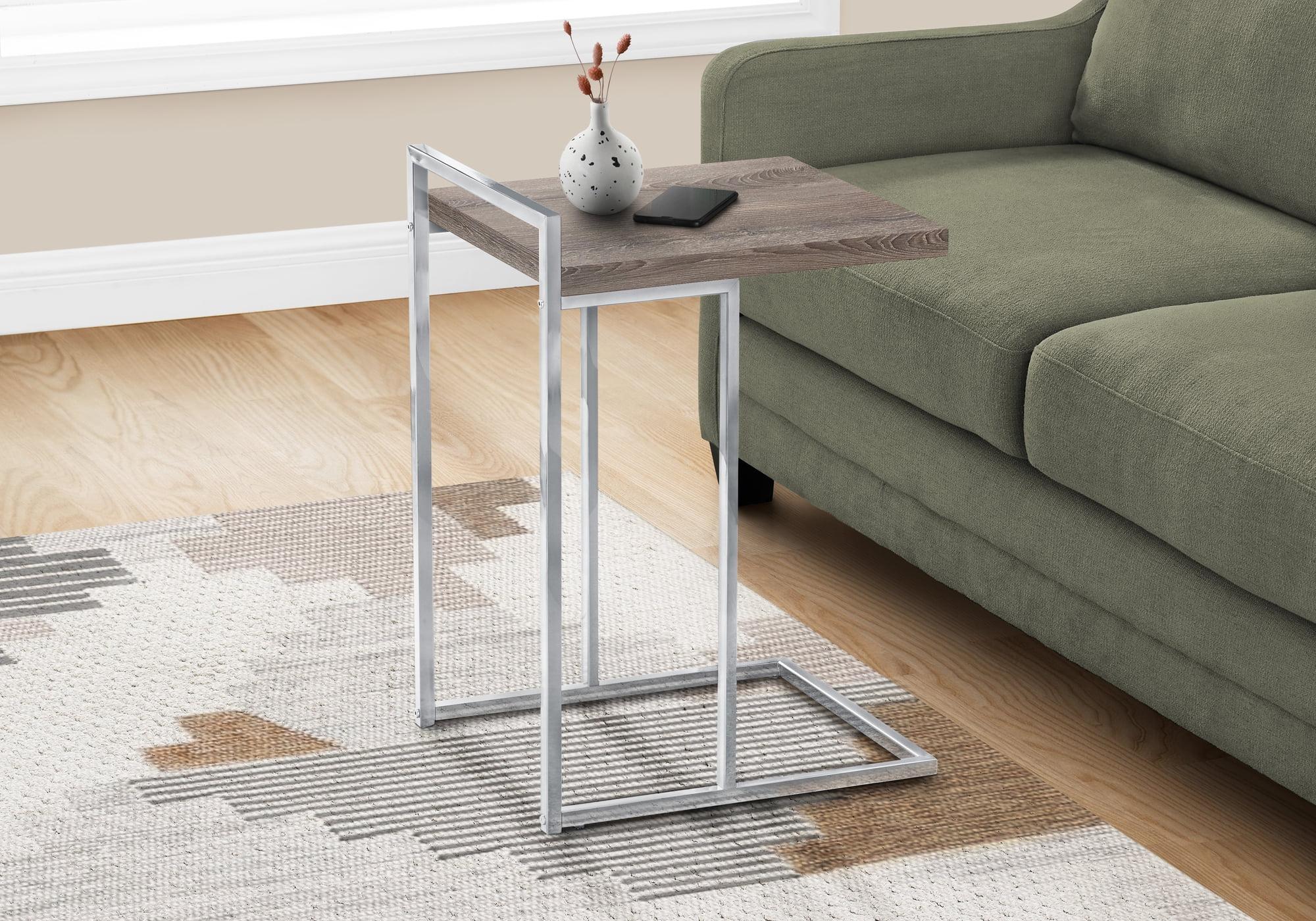 Taupe and Chrome Rectangular Wood-Metal C-Shaped Accent Table