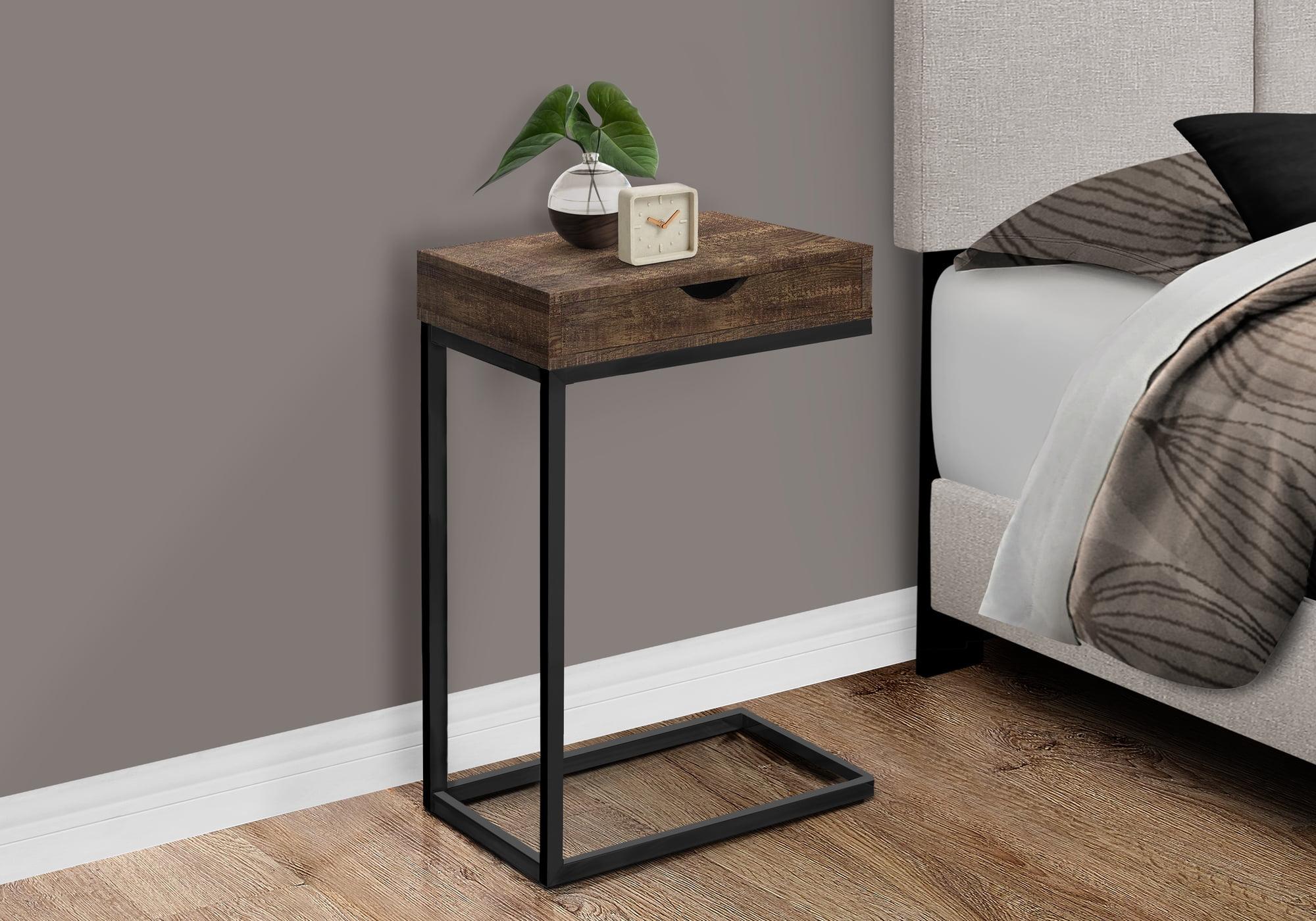 Brown and Black Rectangular Wood Metal C-Shaped Side Table with Storage