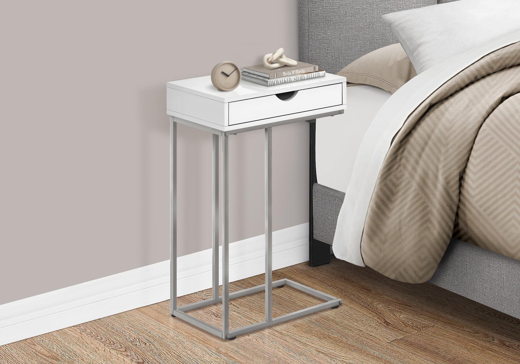 Transitional White and Silver C-Shaped Sofa Side Table with Storage Drawer