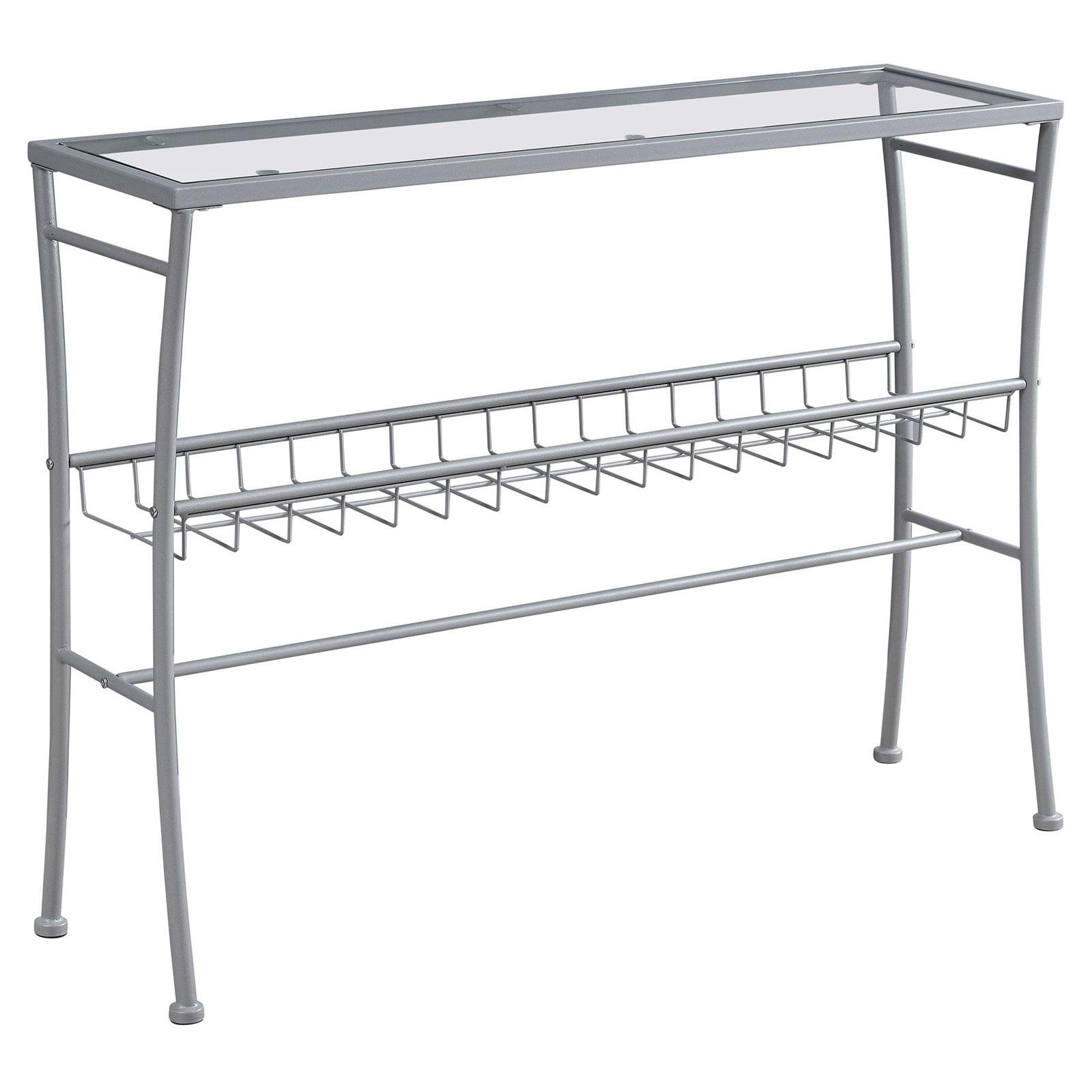 Sleek Silver Metal & Glass Console Table with Storage Shelf