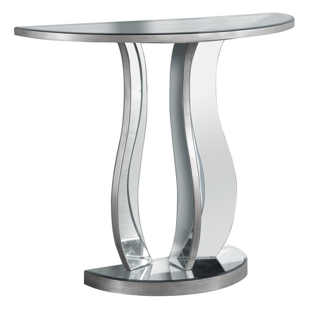 Contemporary Mirrored Demilune Console Table in Brushed Silver