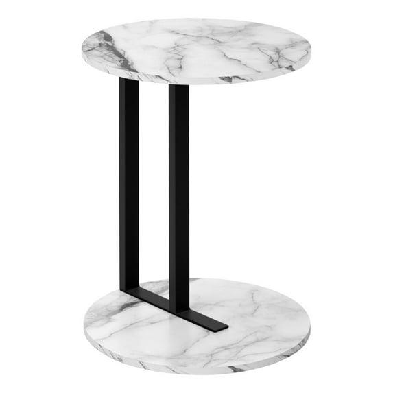 17 Stories Accent Table, Side, Round, End, Nightstand, Lamp, Living Room, Bedroom, White Marble Look Laminate, Black Metal, Contemporary, Modern